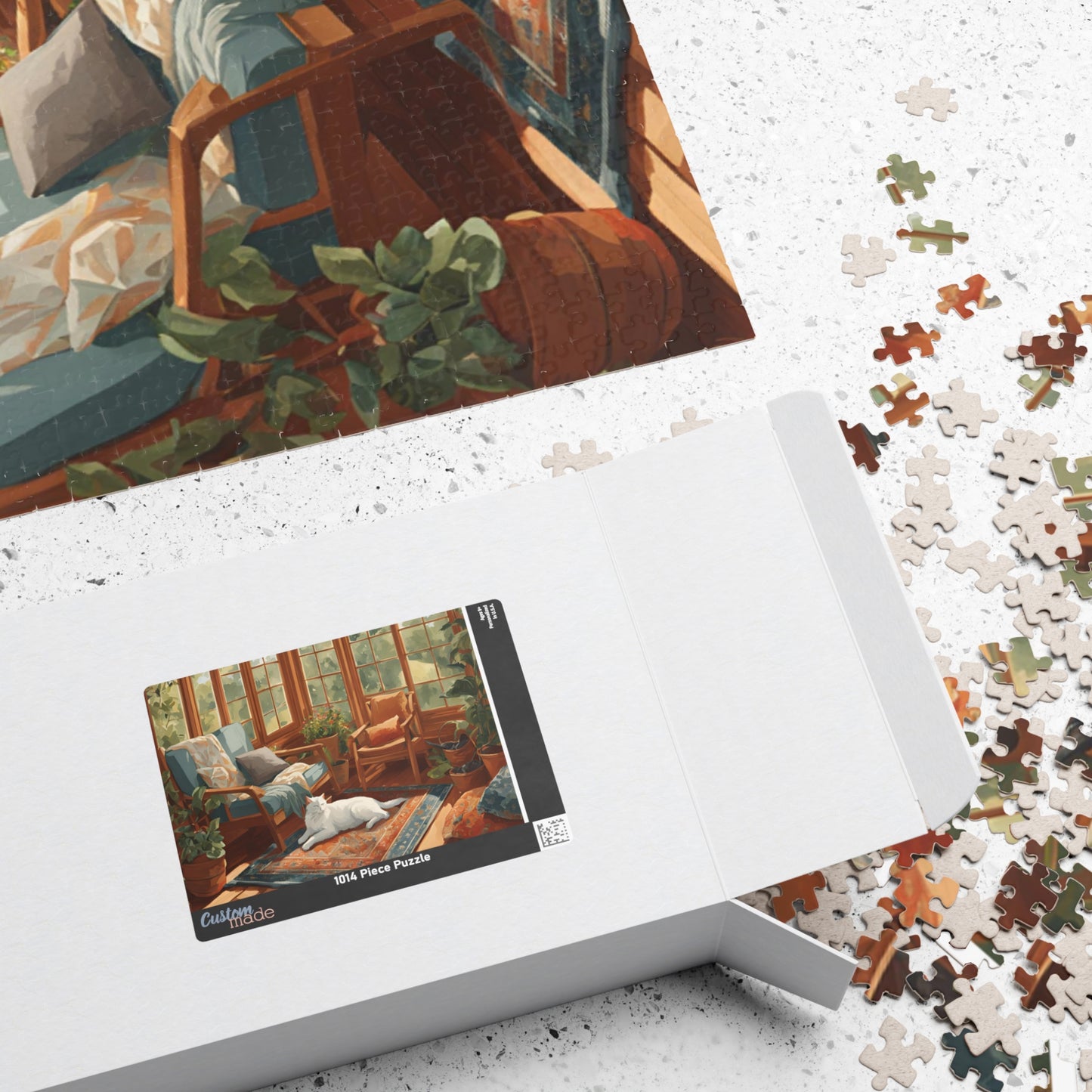 Cloudy Day Comfort: Rustic Sunroom & Cozy White Cat Puzzle (110, 252, 520, 1014-piece)