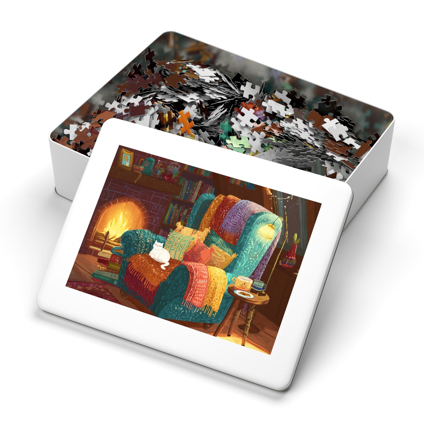 Colorful Cozy Armchair With A White Cat and Fireplace Jigsaw Puzzle with Tin – 500-Piece Relaxing Reading Nook Scene