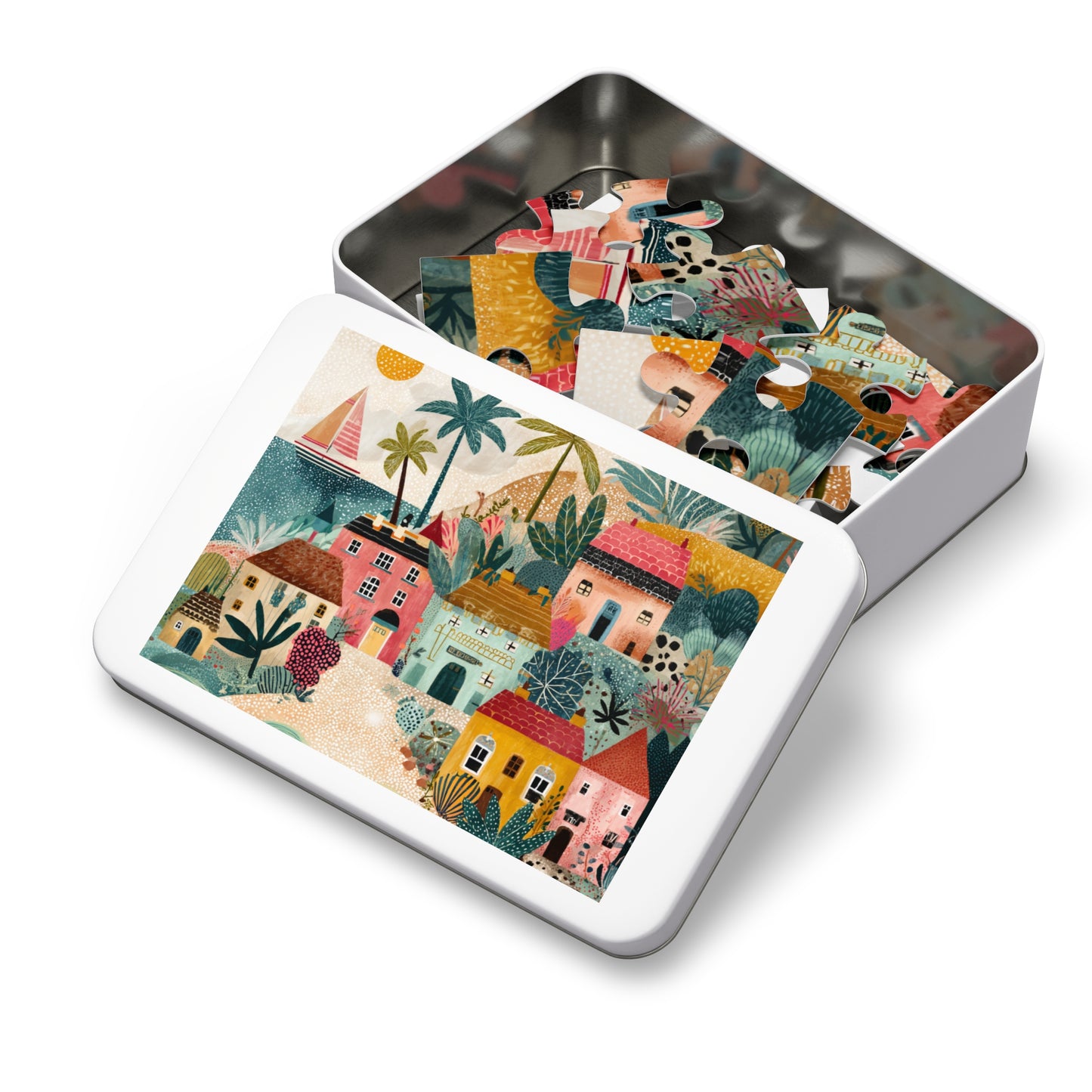 Colorful Coastal Village Jigsaw Puzzle with Tin – Fun Family Activity, Whimsical Folk Art Puzzle, Gift for All Ages
