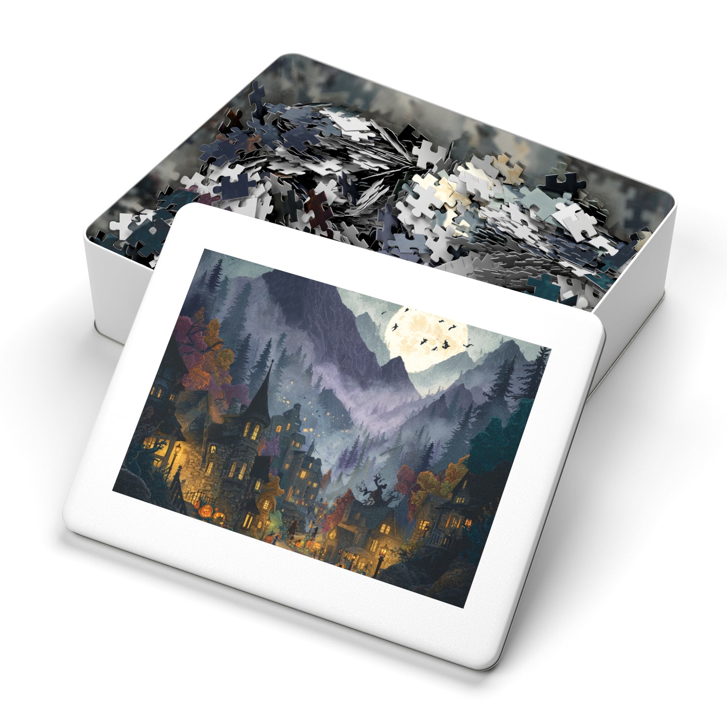Spookington Village Puzzle Collection, Spookington Village on Old Hallows Eve with Tin, Halloween Puzzle