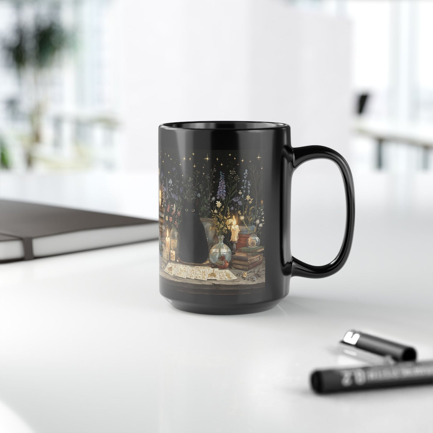 Witchy Black Cat Alchemy Mug — Candlelit Potions & Starry Books (11oz/15oz)
