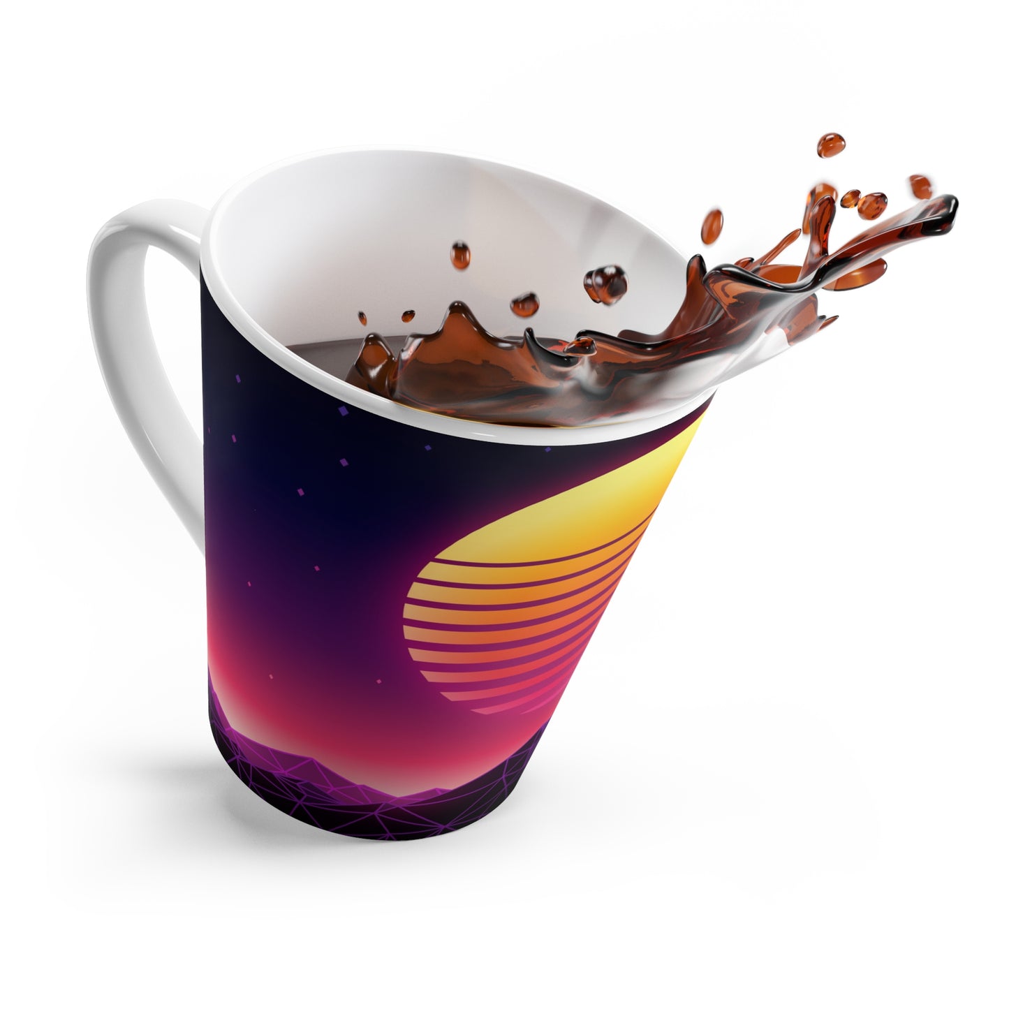 Retro Sunset Latte Mug — Vaporwave Neon Sun & Synthwave Mountains