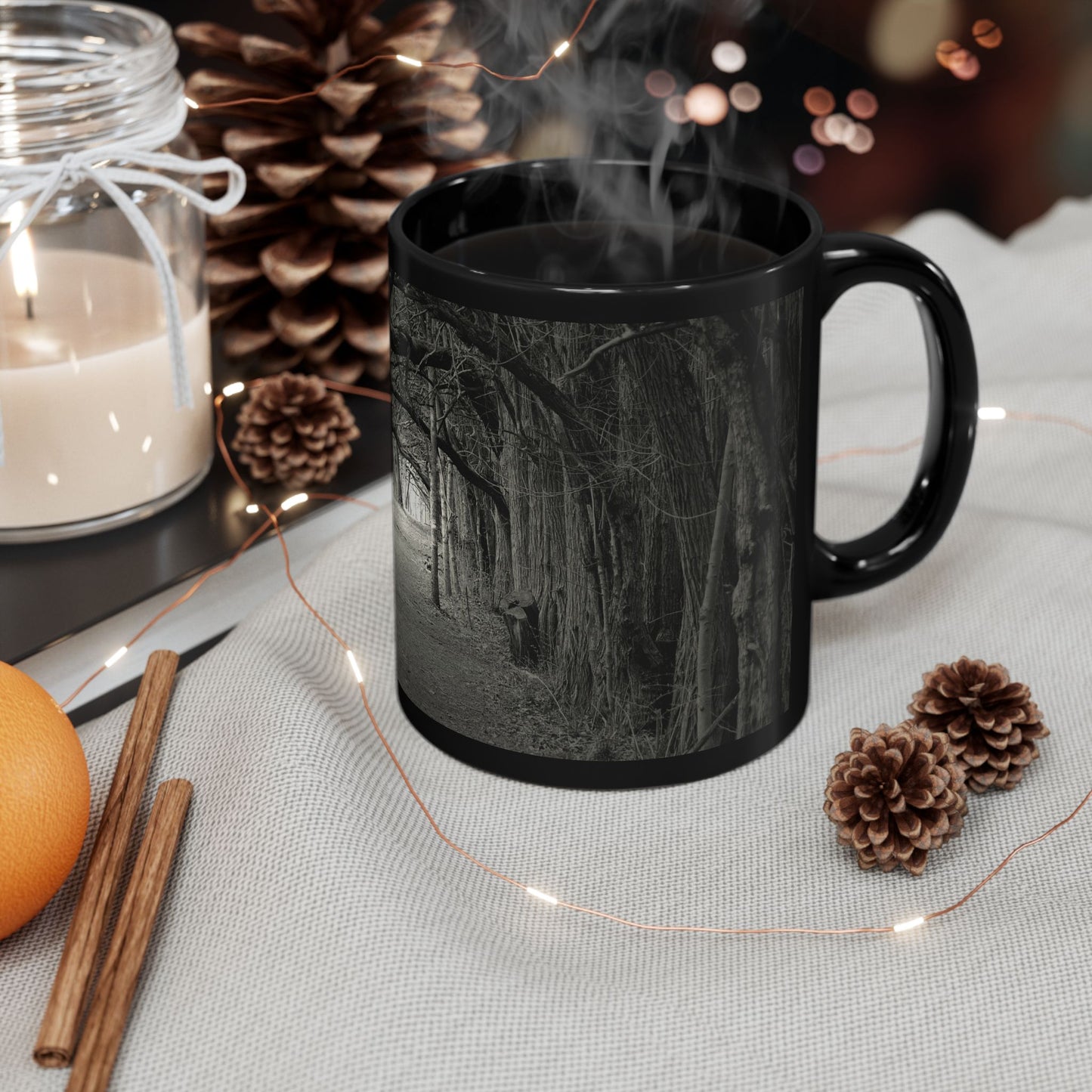 Black Ceramic Mug — Gothic Moody Forest Tunnel Photography (11oz & 15oz)