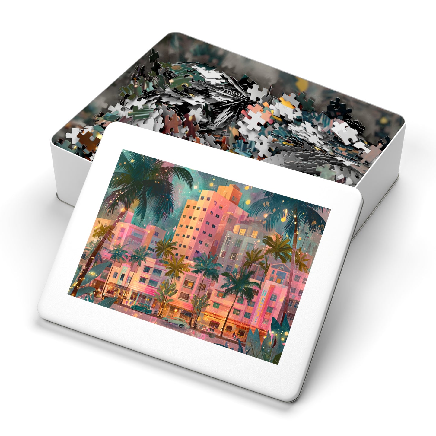 Whimsical Pastel Miami Puzzle – A Dreamy Tropical Escape-Jigsaw Puzzle with Tin