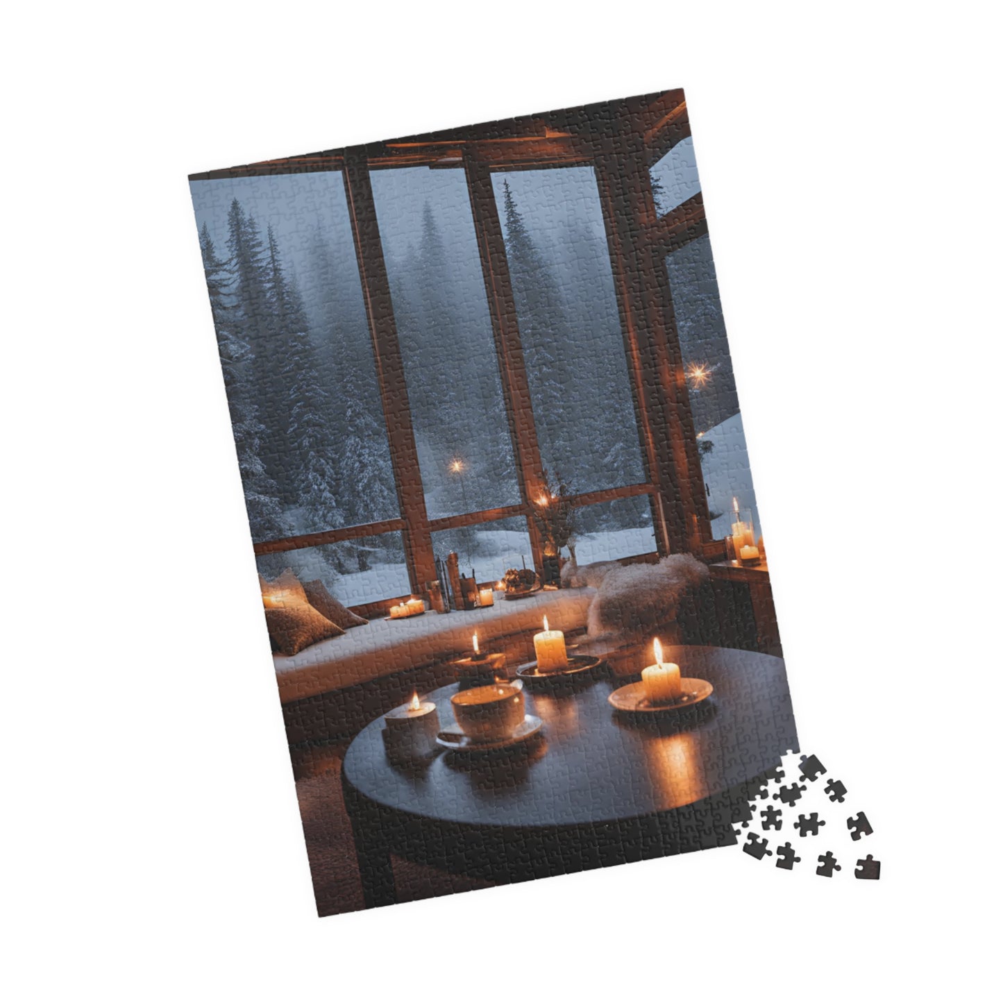 Snowy Night Retreat- Puzzle of a Cozy Living Room with Firelight and Hot Coffee