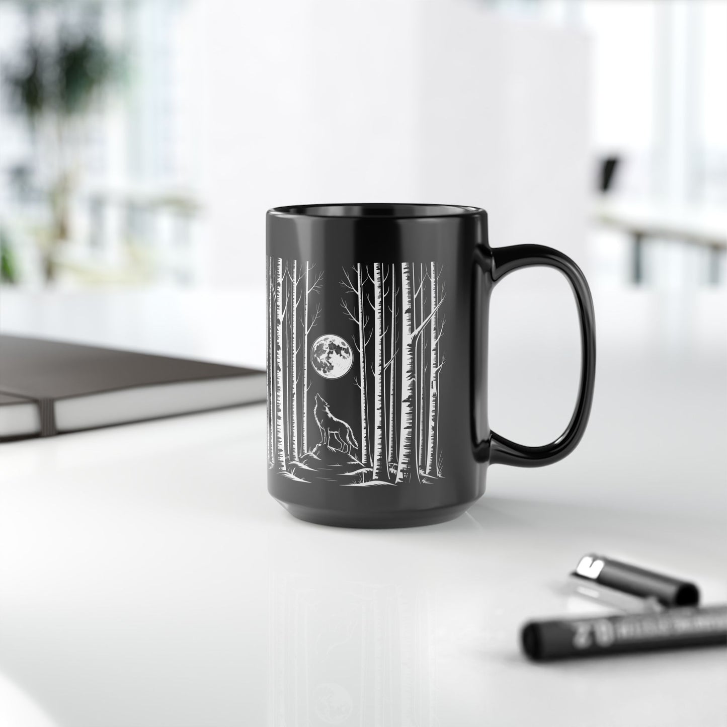 Wolf Howling at the Moon Forest Mug — Black Ceramic Coffee Cup (11oz, 15oz)