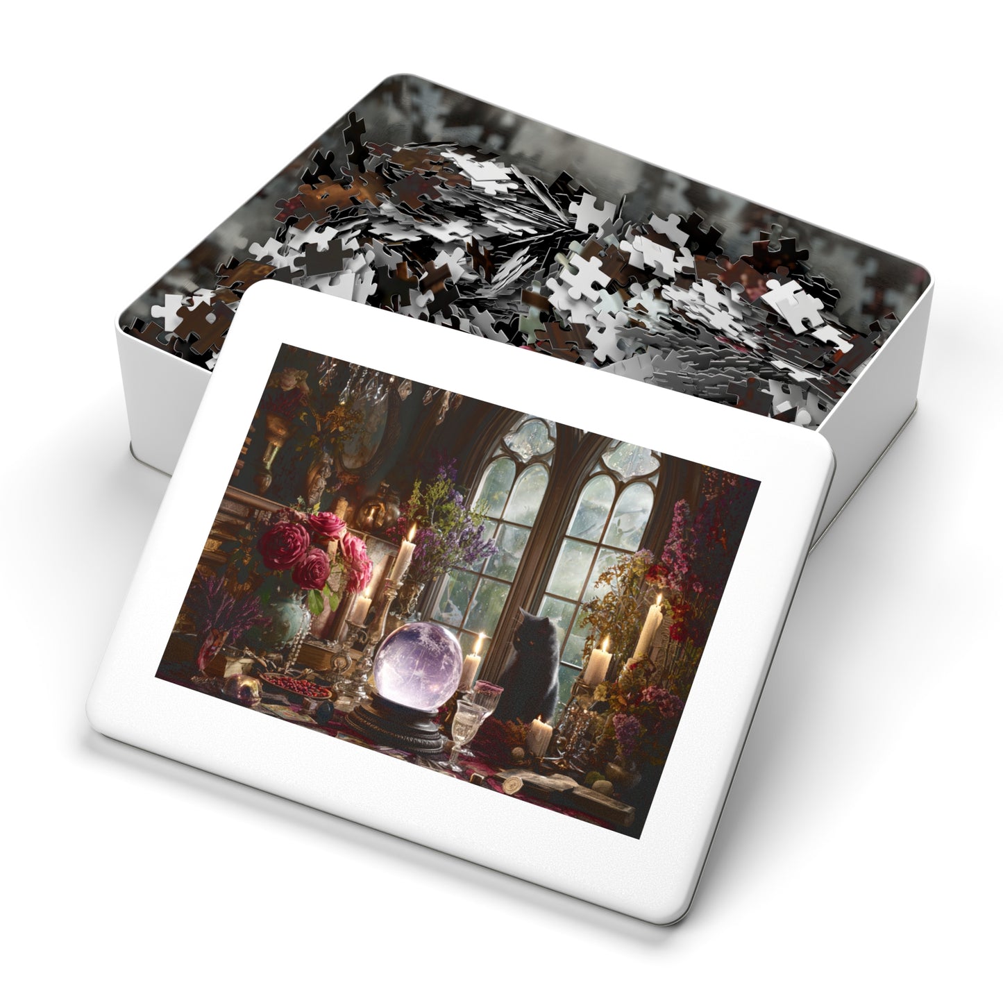 Witchs Enchanted Chamber Puzzle with a Black Cat, Crystal Ball & Tarot Magic with a Gift Tin, Halloween Activity