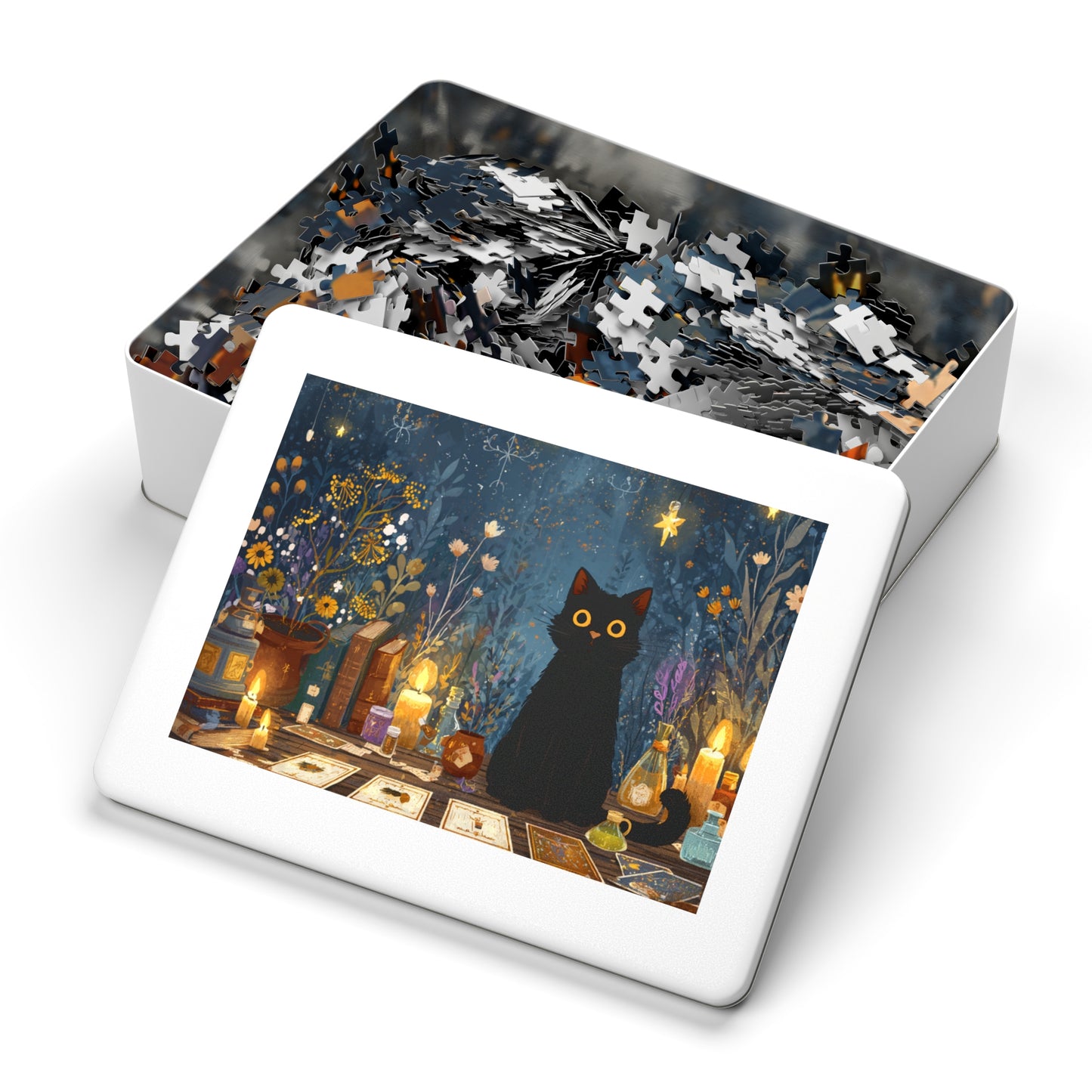 Enchanted Black Cat Puzzle with Tarot, Candles, and Spellbinding Herbs in A Gift Tin. Gift for Cat lovers, Halloween Gift Puzzle