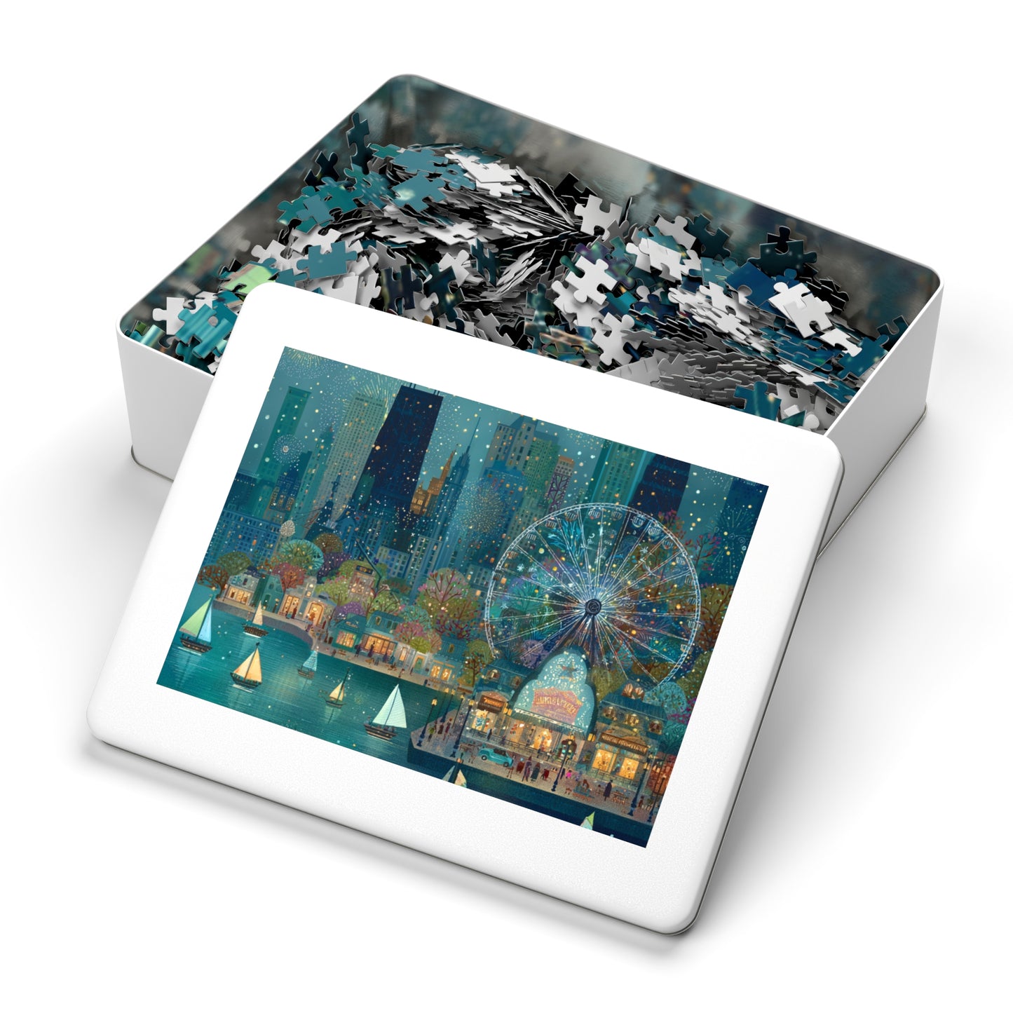 Seattle Waterfront Whimsical Jigsaw Puzzle with Tin