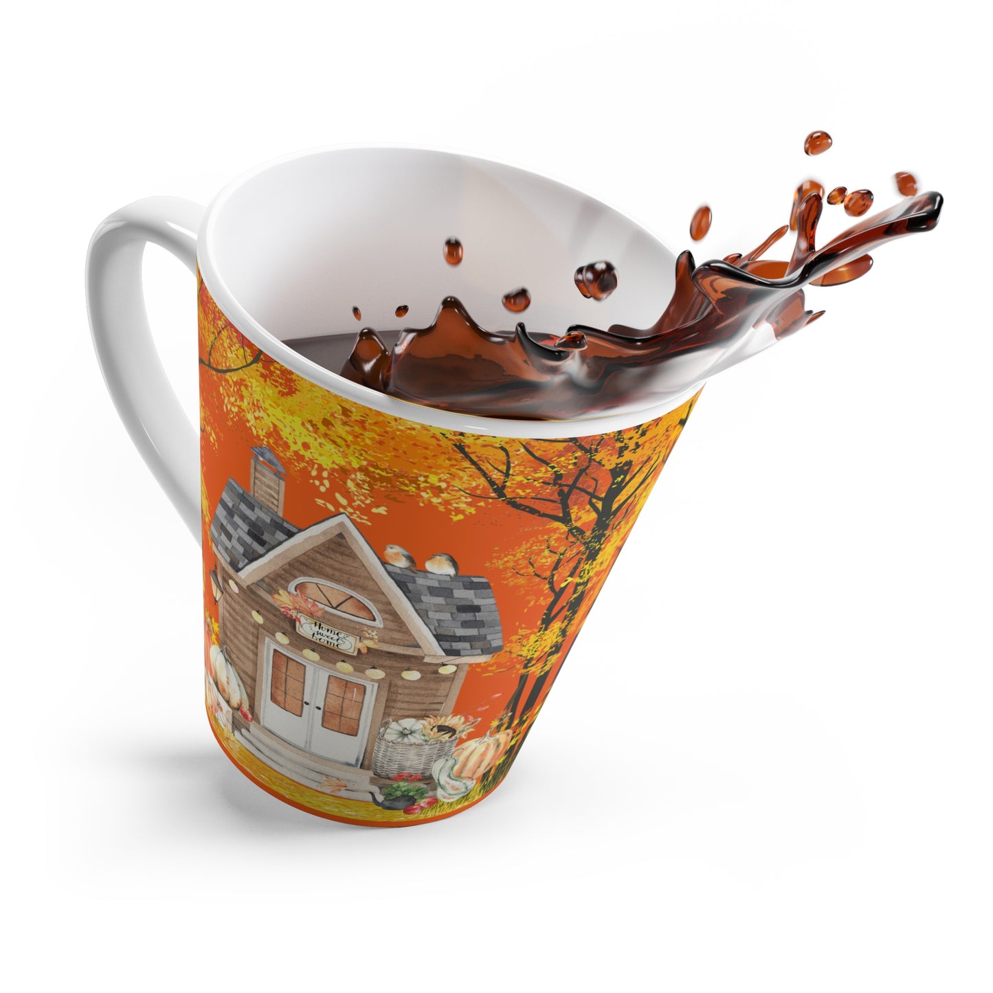 Autumn Cottage Latte Mug (12 oz) | Cozy Fall Coffee Cup | Rustic Cottage Mug | Pumpkin Spice Gift | Jazz N’ Coffee Puzzles