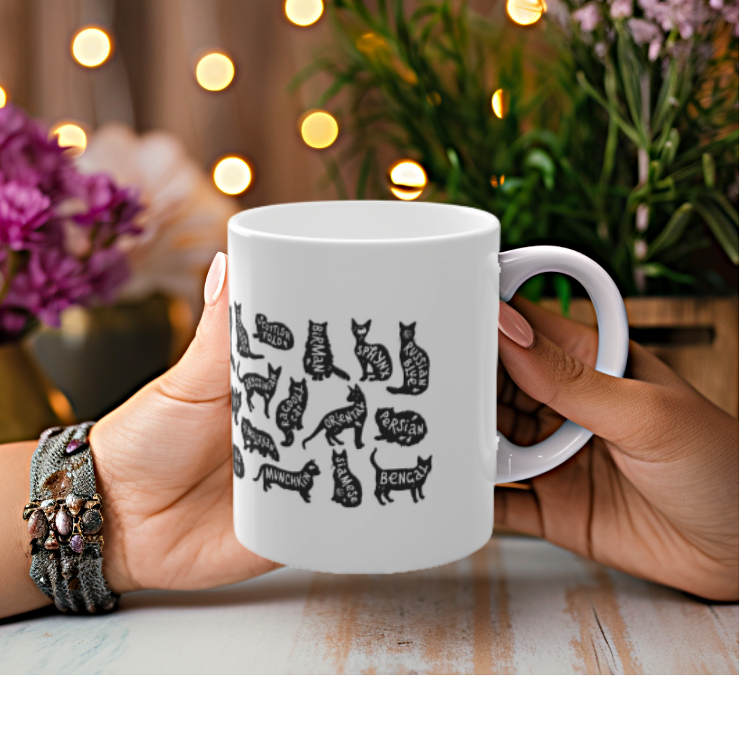 Cat Breeds Mug, 11oz Mug, Cute Coffee Cup for Cat Lovers, Kitty Art Mug for Cat Moms & Dads, Veterinarian Gift, Pet Sitter Gift