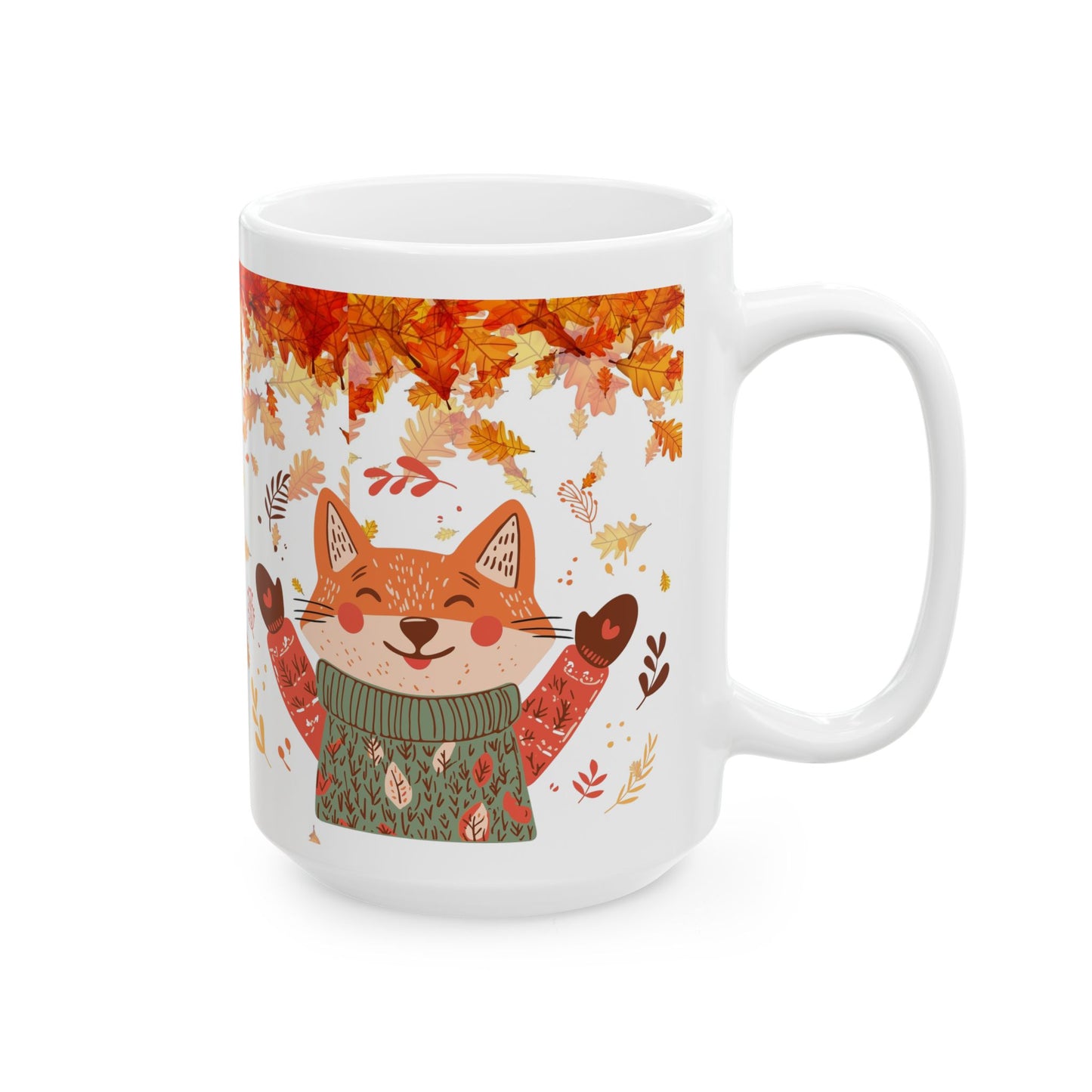 Autumn Fox with Leaves Ceramic Mug, Fall Coffee Mug, Autumn Mug, Thanksgiving Mug, Back to School Mug, Fox Lovers Gift, 11oz and 15 oz mugs