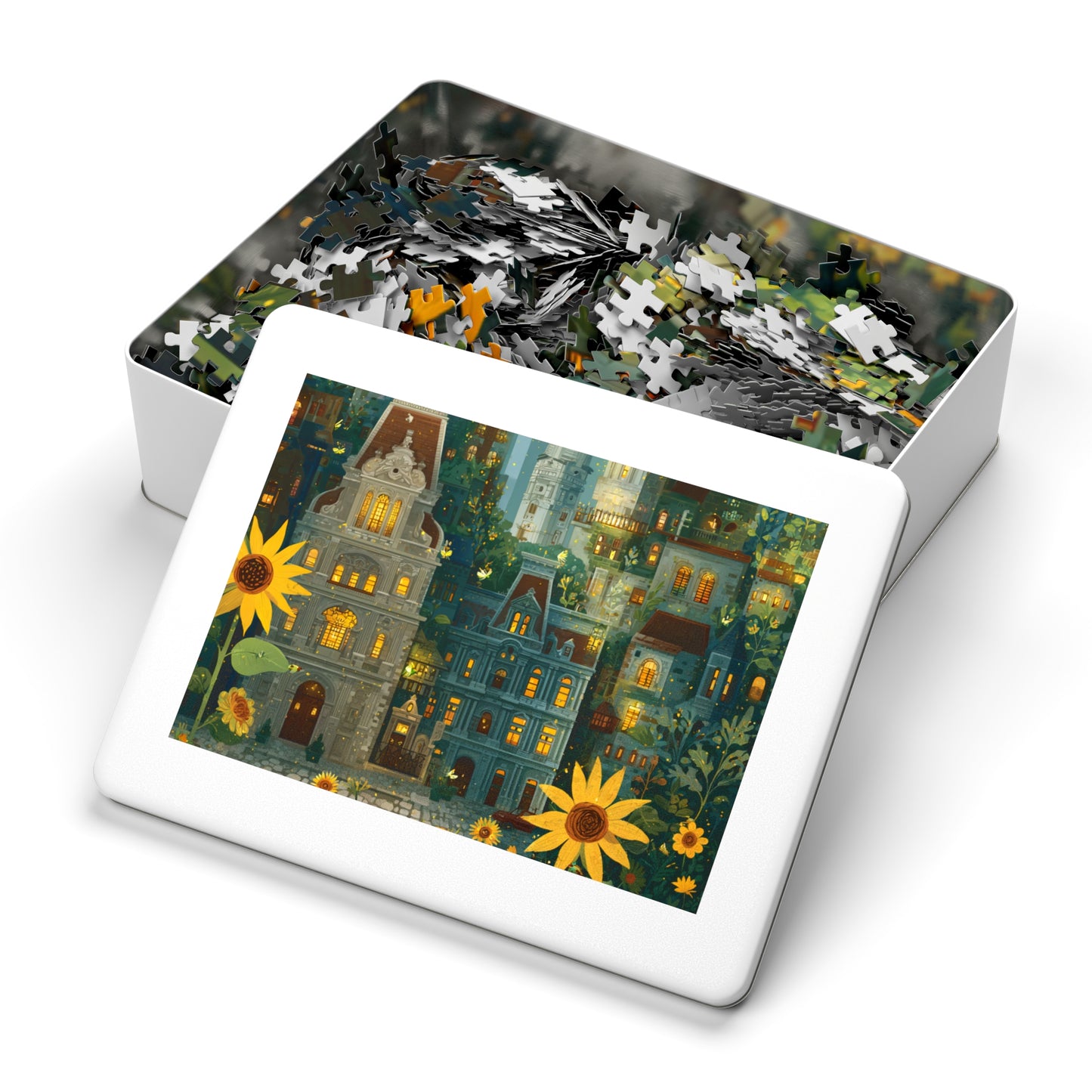 Whimsical Philadelphia Cityscape Sunflower Jigsaw Puzzle with Tin