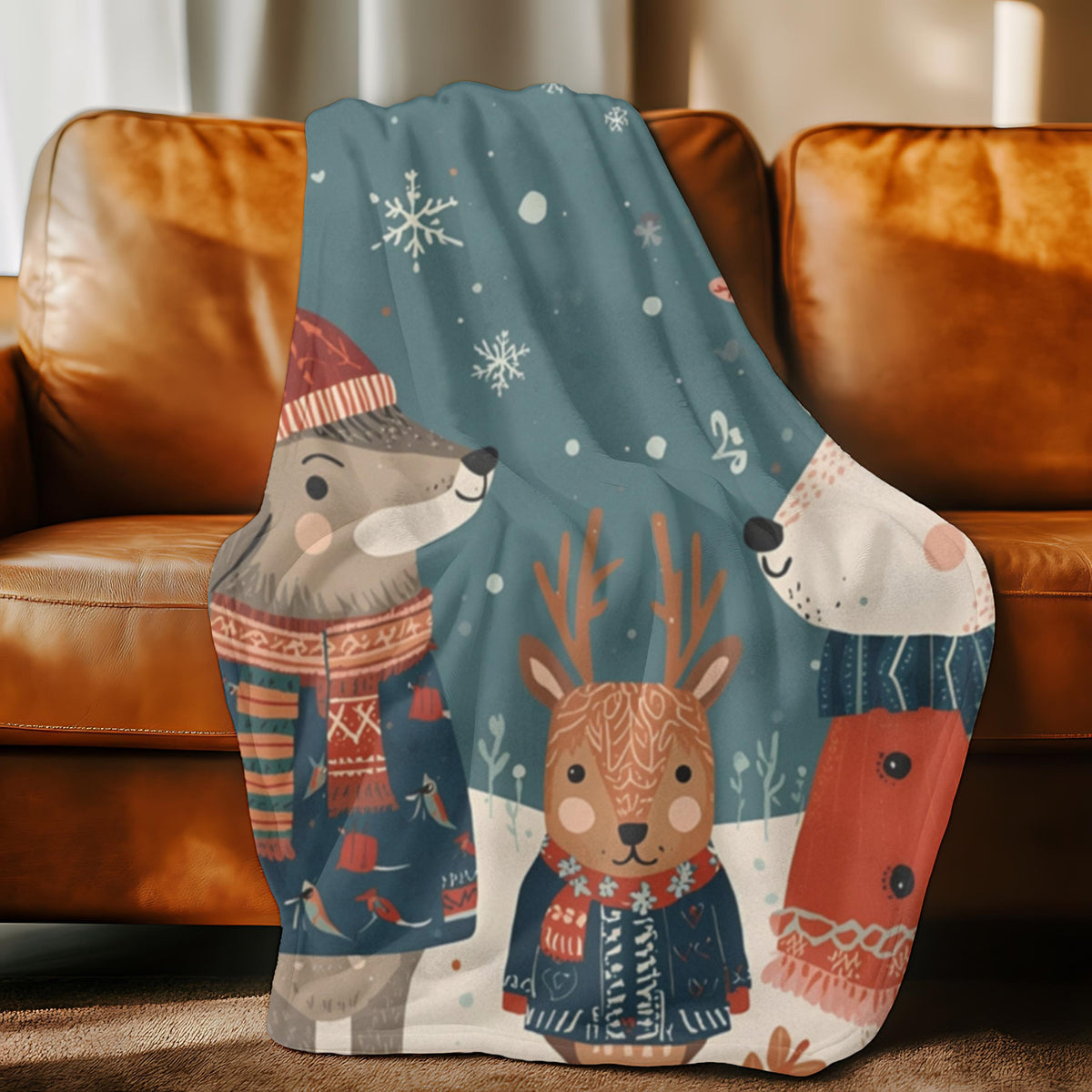 Whimsical Winter Animals Sherpa Fleece Blanket | Cozy Snow Scene Throw | Cute Dog Squirrel & Deer | Soft Plush Blanket