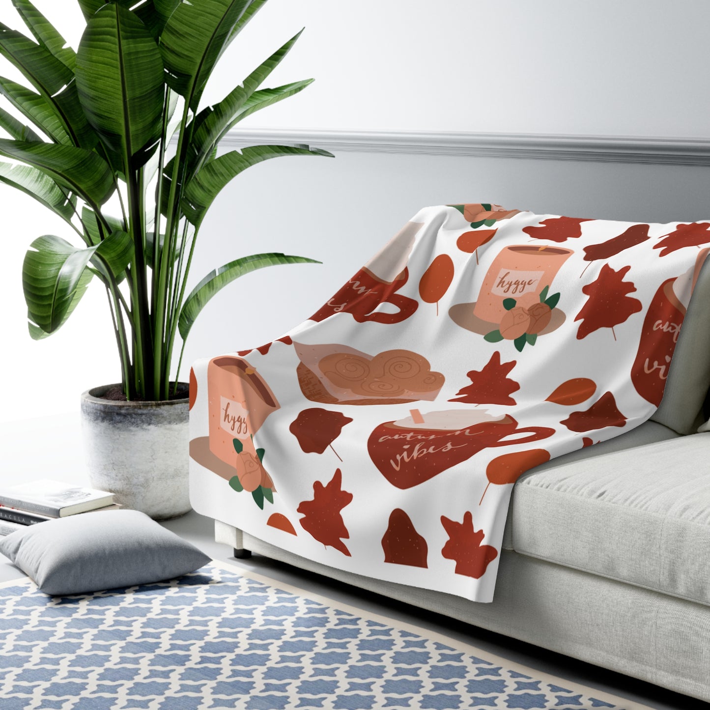 Autumn Vibes Hygge Sherpa Fleece Blanket | Cozy Fall Throw | Coffee & Leaves Design | Soft Plush Blanket Gift for Her
