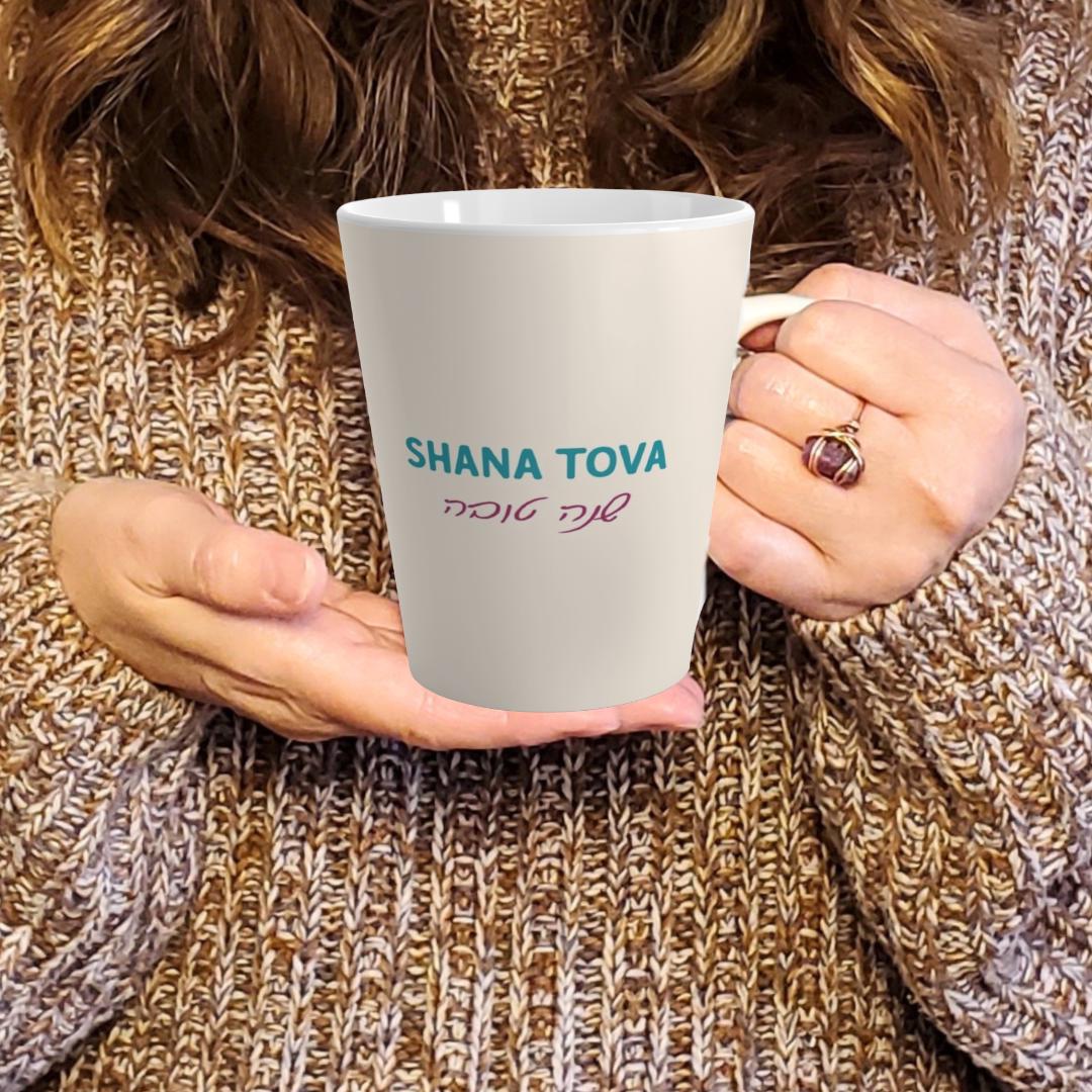 Colorful Shana Tova Latte Mug, Jewish New Year Gift, Rosh Hashanah Coffee Cup, Holiday Kitchen Decor, Tea Mug, Ceramic Drinkware