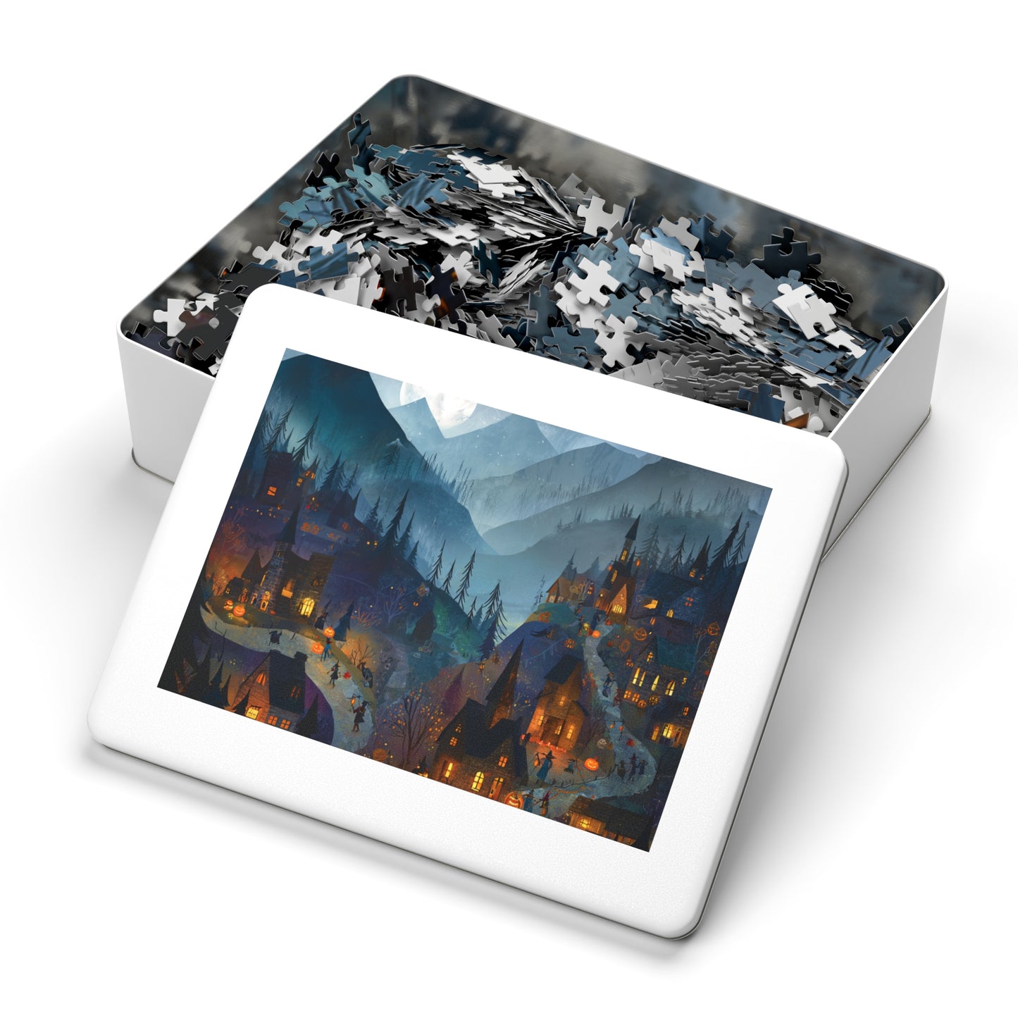 Haunted Mountain Town Puzzle, Spooky Halloween Streets and Eerie Nightscape Jigsaw Puzzle with Tin, Halloween Puzzle