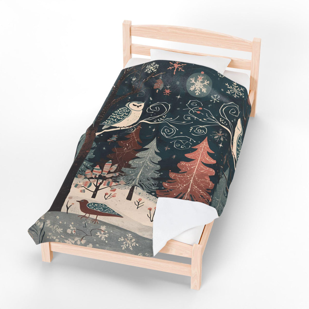 Whimsical Winter Owl Forest Velveteen Plush Blanket | Cozy Woodland Throw | Soft Plush Blanket Gift | Snowy Owl and Pine Tree Decor
