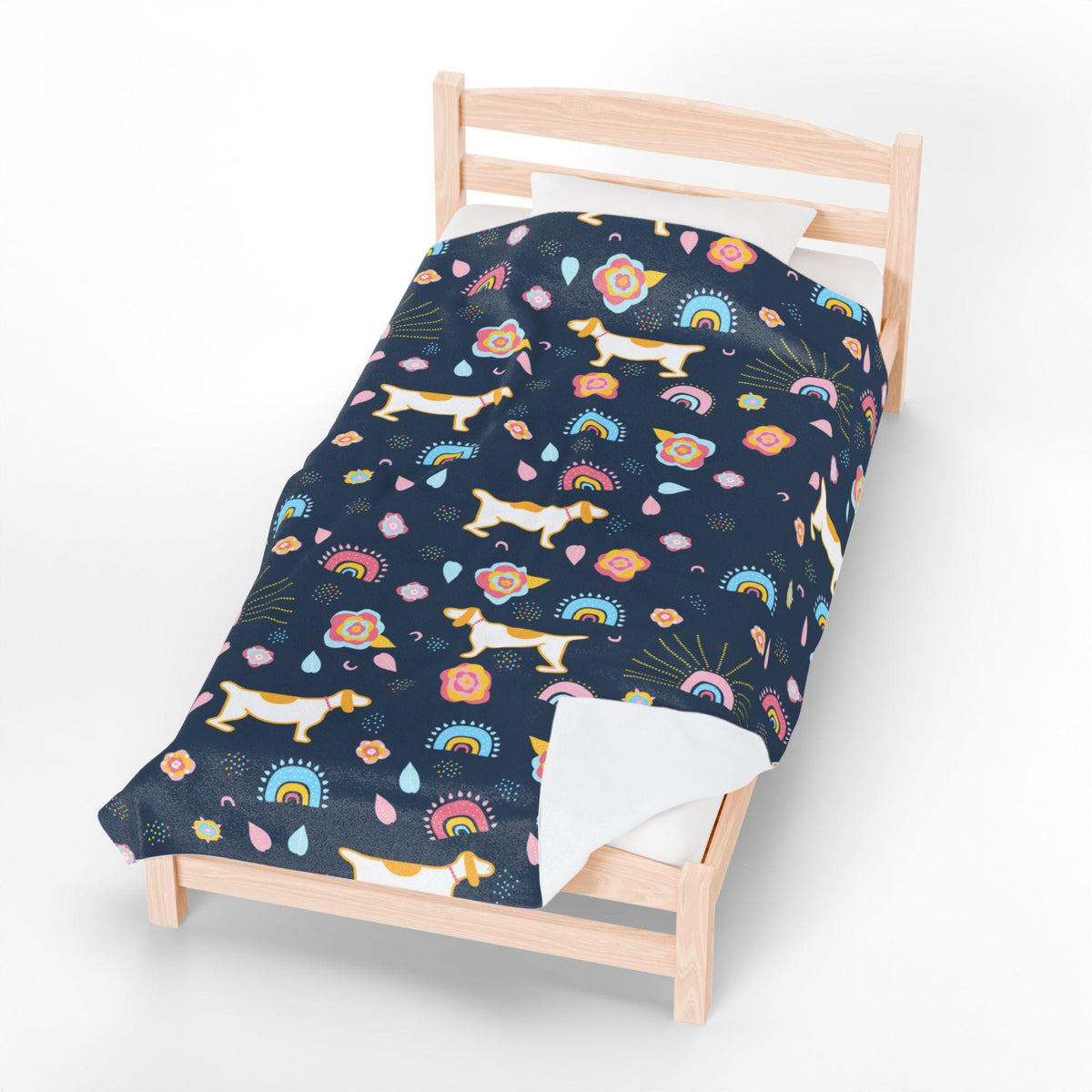 Whimsical Dog & Rainbow Velveteen Plush Blanket | Colorful Navy Blue Throw | Playful Home Decor | Warm Fleece