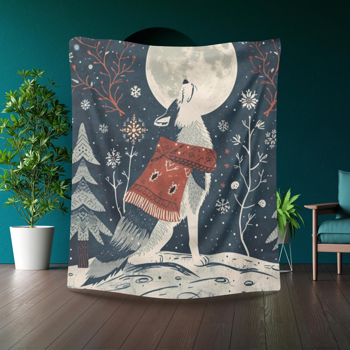 Whimsical Wolf Howling at the Moon Sherpa Fleece Blanket | Cozy Winter Throw | Soft Plush Blanket | Wolf Decor | Night Sky Design