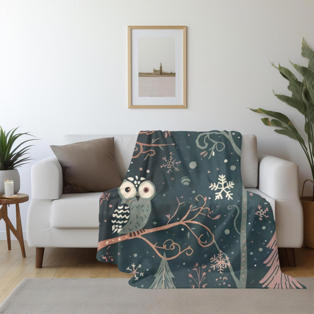 Whimsical Owl Sherpa Fleece Blanket | Cozy Winter Throw | Soft Owl Blanket Gift | Snowflake & Pine Tree Decor | Warm Plush Throw