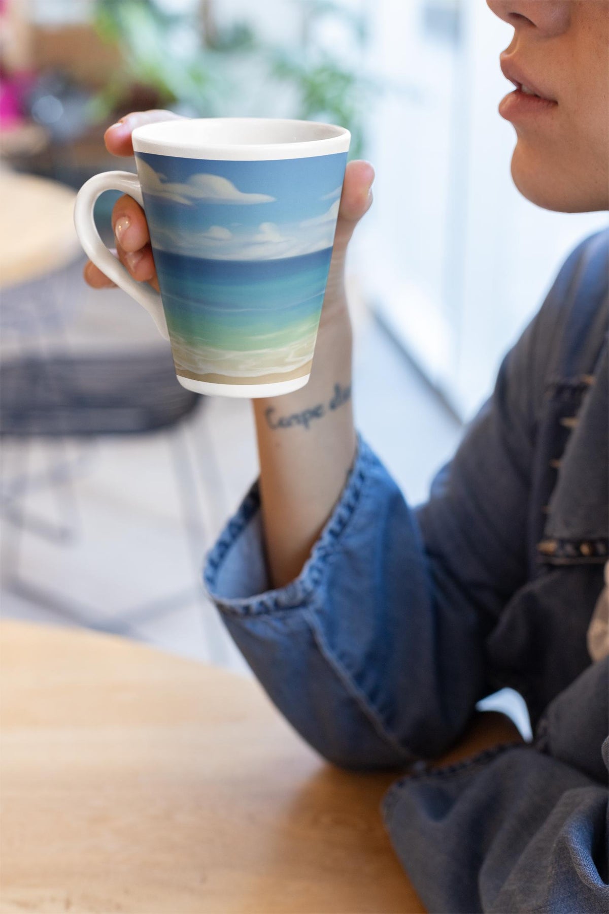 Beach Vibes Latte Mug, 12oz Coastal Ceramic Coffee Cup, Summer Ocean Gift for Latte Lovers