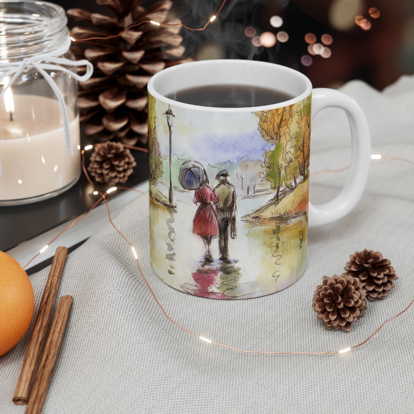 Romantic Autumn Stroll Coffee Mug — 11oz Scenic Park Watercolor Mug