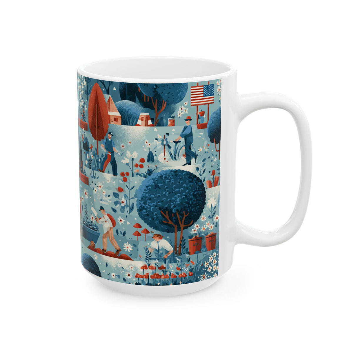 Whimsical Patriotic Mug, Red White and Blue Coffee Cup, Labor Day Gift, 11oz and 15oz Ceramic Mug