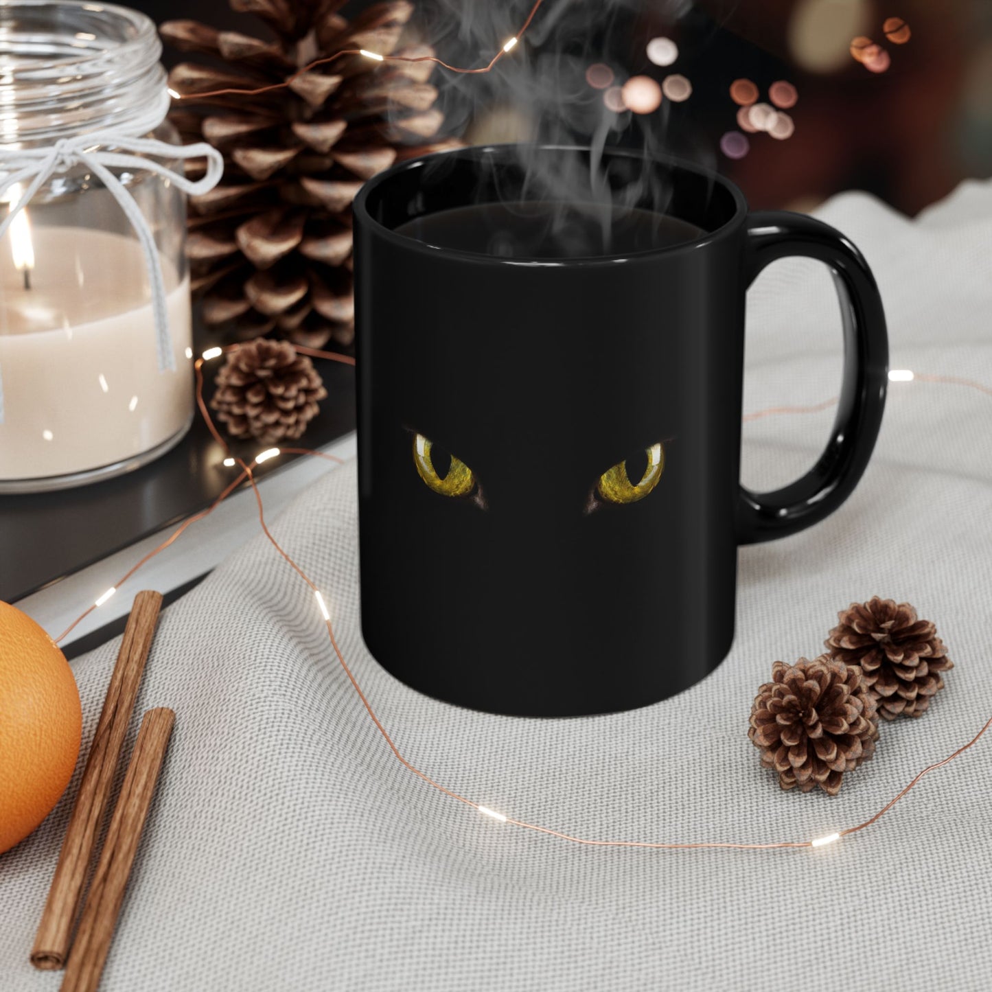 Yellow Cat Eyes Black Mug, Halloween Coffee & Tea Mug, Black Mug 11 oz and 15 oz, Perfect gift for Cat Lovers