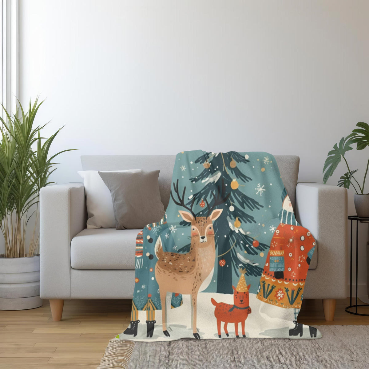 Whimsical Winter Animals Sherpa Fleece Blanket | Cozy Snowy Scene Throw | Cute Animals in Sweaters | Soft Plush Blanket Gift