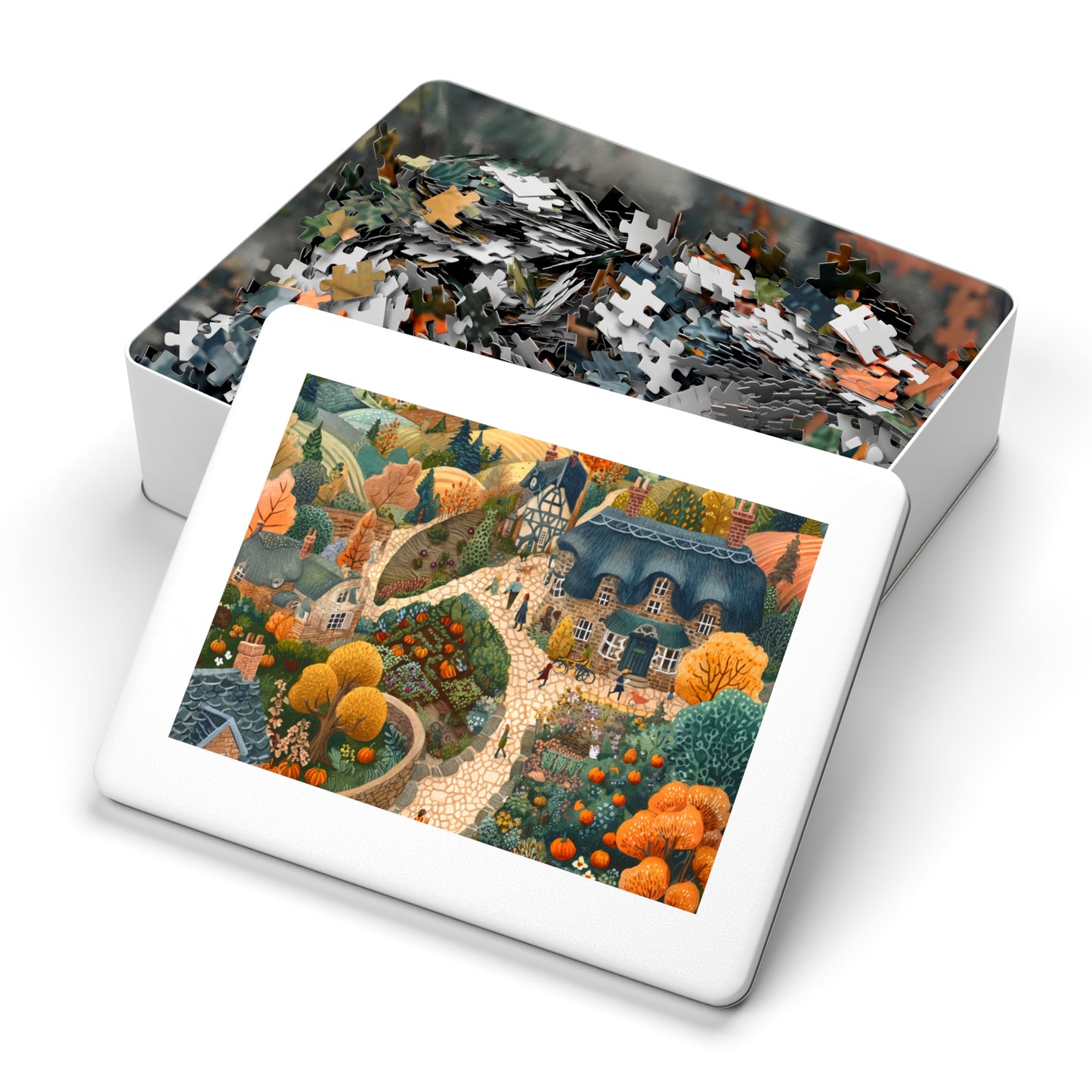 Autumn Cottage Village Jigsaw Puzzle — 500-Piece Fall Village Puzzle with Tin Gift Box