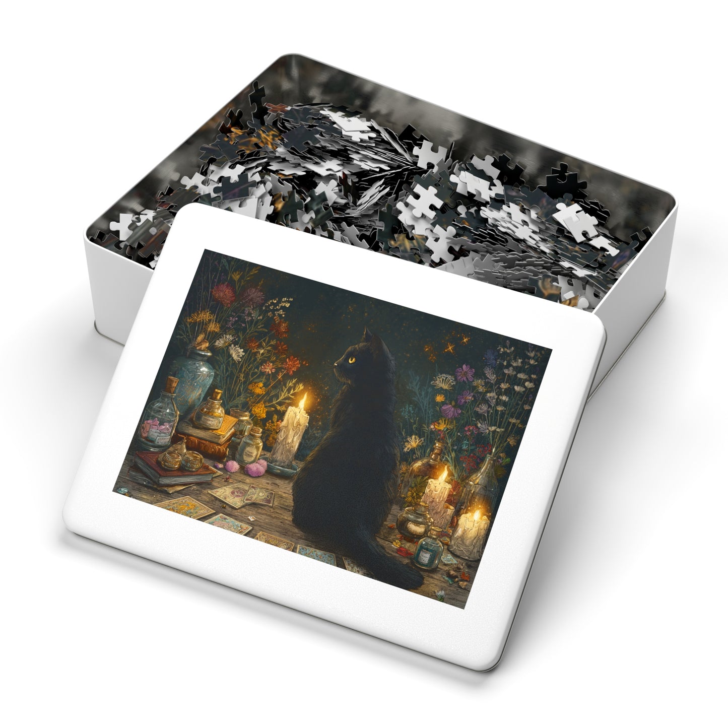 Mystical Black Cat Puzzle, Enchanted Tarot, Candles & Herbs Jigsaw Puzzle in Gift Tin - Mystical Vibes, Halloween Gift. Gothic Gift