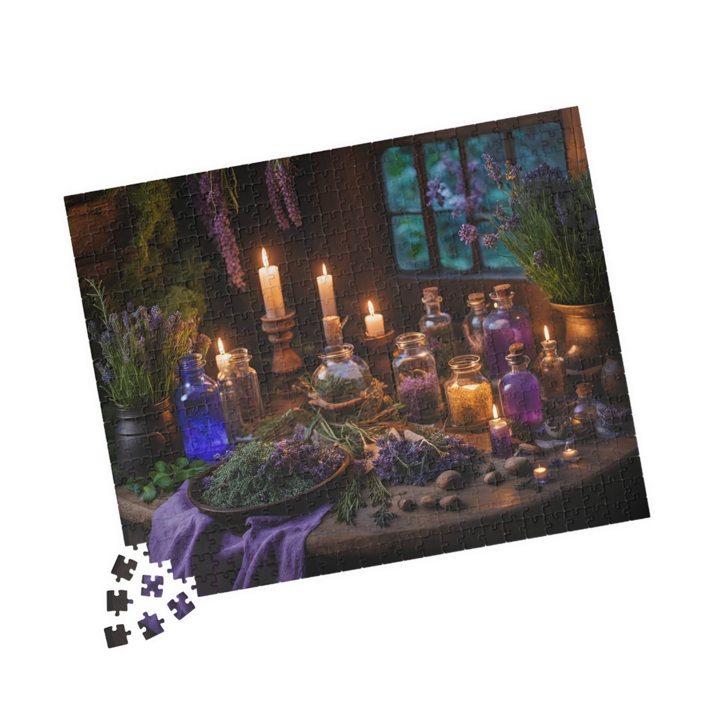 The Witchs Magic Puzzle (110, 252, 520, 1014-piece), Enchanted witchcraft jigsaw puzzle with potions, herbs, and candles