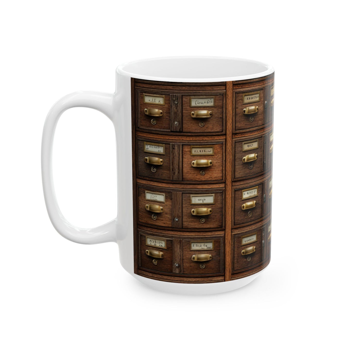 Vintage Library Card Catalog Mug — Antique Wooden Drawer Pattern Ceramic Coffee Cup (11oz/15oz)