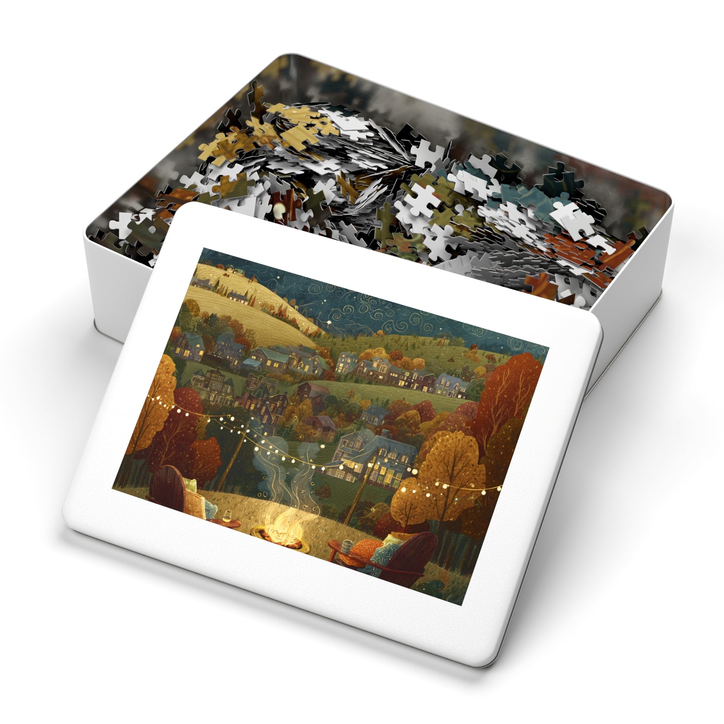 Cozy Hillside Evening Jigsaw Puzzle with Tin — Scenic Campfire Village Puzzle