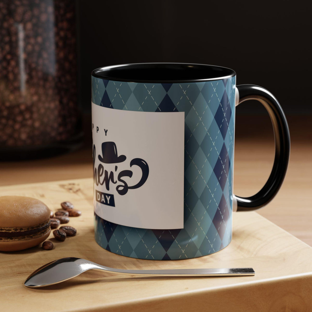 Father's Day Accent Mug, Gift for Dad, Coffee Lover Cup, Blue Argyle Design, Unique Present Idea