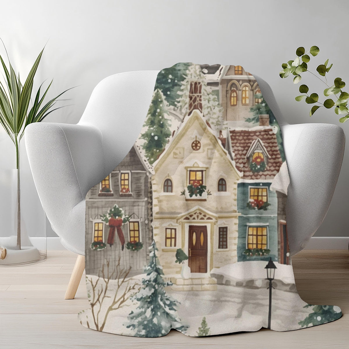 Cozy Winter Village Velveteen Plush Blanket | Snowy Town Scene Throw | Soft Plush Blanket Gift | Warm Holiday Home Decor