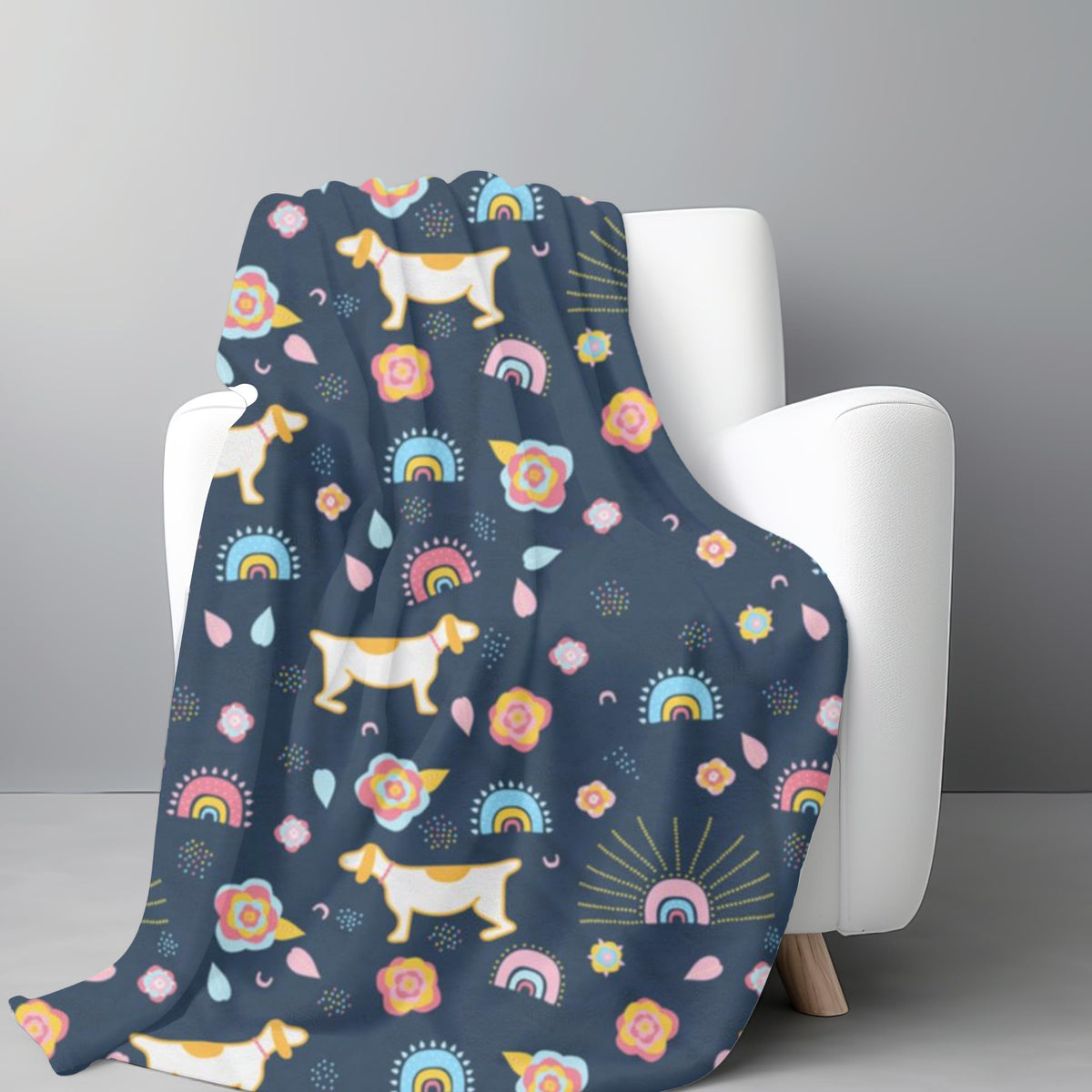 Whimsical Dog & Rainbow Velveteen Plush Blanket | Colorful Navy Blue Throw | Playful Home Decor | Warm Fleece