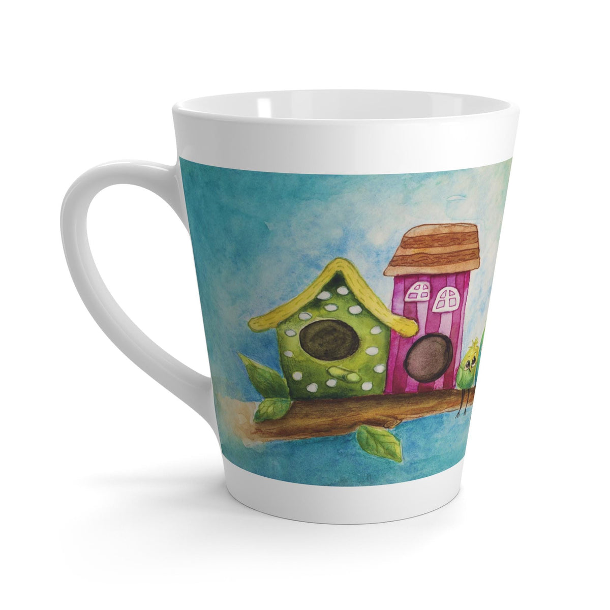 Colorful Birdhouse Latte Mug, 12oz Ceramic Mug, Bright Coffee Cup Gift for Bird Lovers and Nature Fans, Gift for Coffee or Tea Lovers