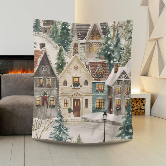 Cozy Winter Village Velveteen Plush Blanket | Snowy Town Scene Throw | Soft Plush Blanket Gift | Warm Holiday Home Decor