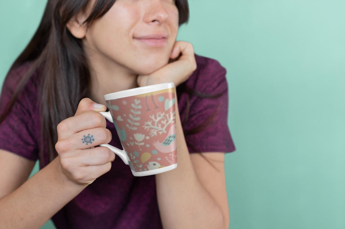 Whimsical Pink Bird Latte Mug - Bird and HeartThemed 12 oz Mug, Cute Gift for Bird Lovers, Floral Art Mug, Coffee Lover Gift