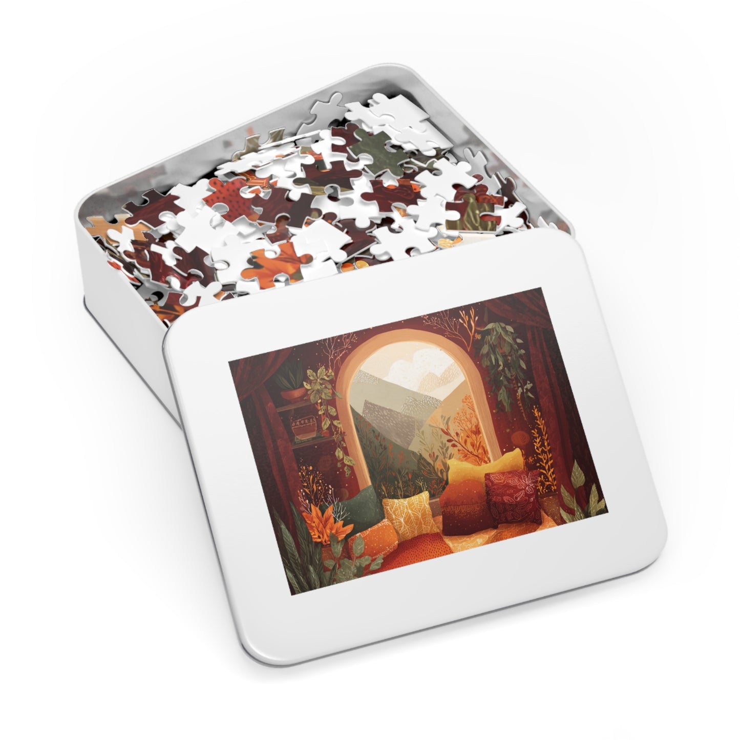 Cozy Window View Jigsaw Puzzle with Tin – Autumn Cabin Scenic Puzzle