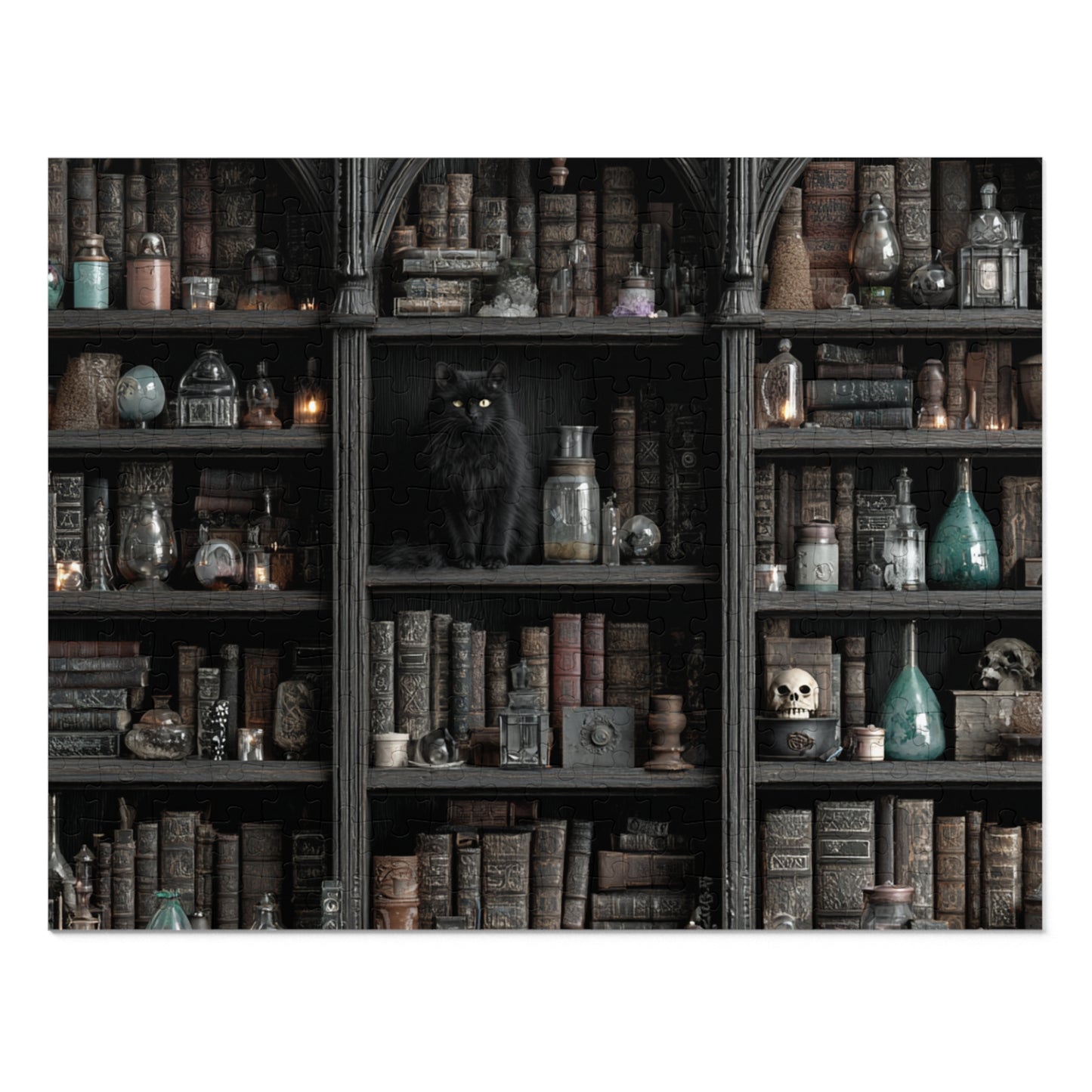Witchs Shadowy Library Puzzle with a Black Cat, Spellbooks and Enchanted Tomes, Jigsaw Puzzle with tin,  Halloween Gift Idea