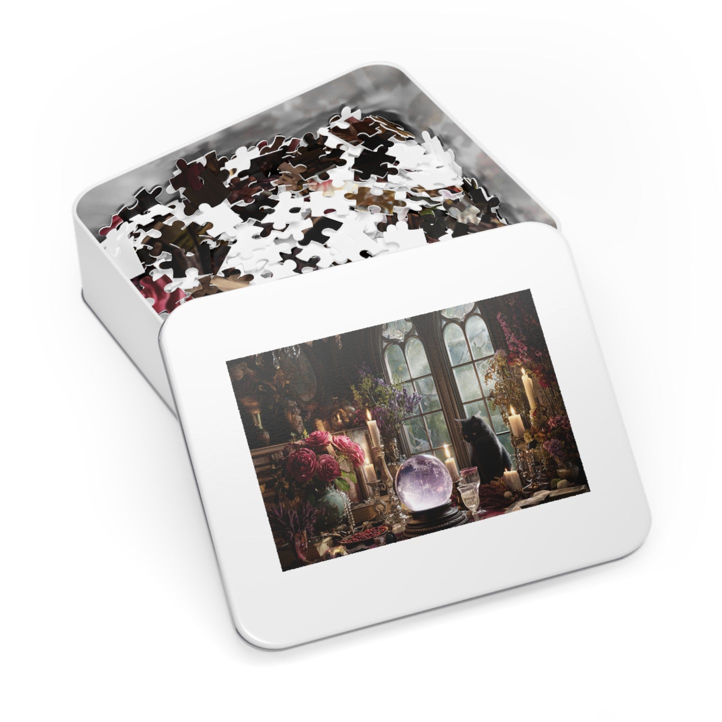 Witchs Enchanted Chamber Puzzle with a Black Cat, Crystal Ball & Tarot Magic with a Gift Tin, Halloween Activity