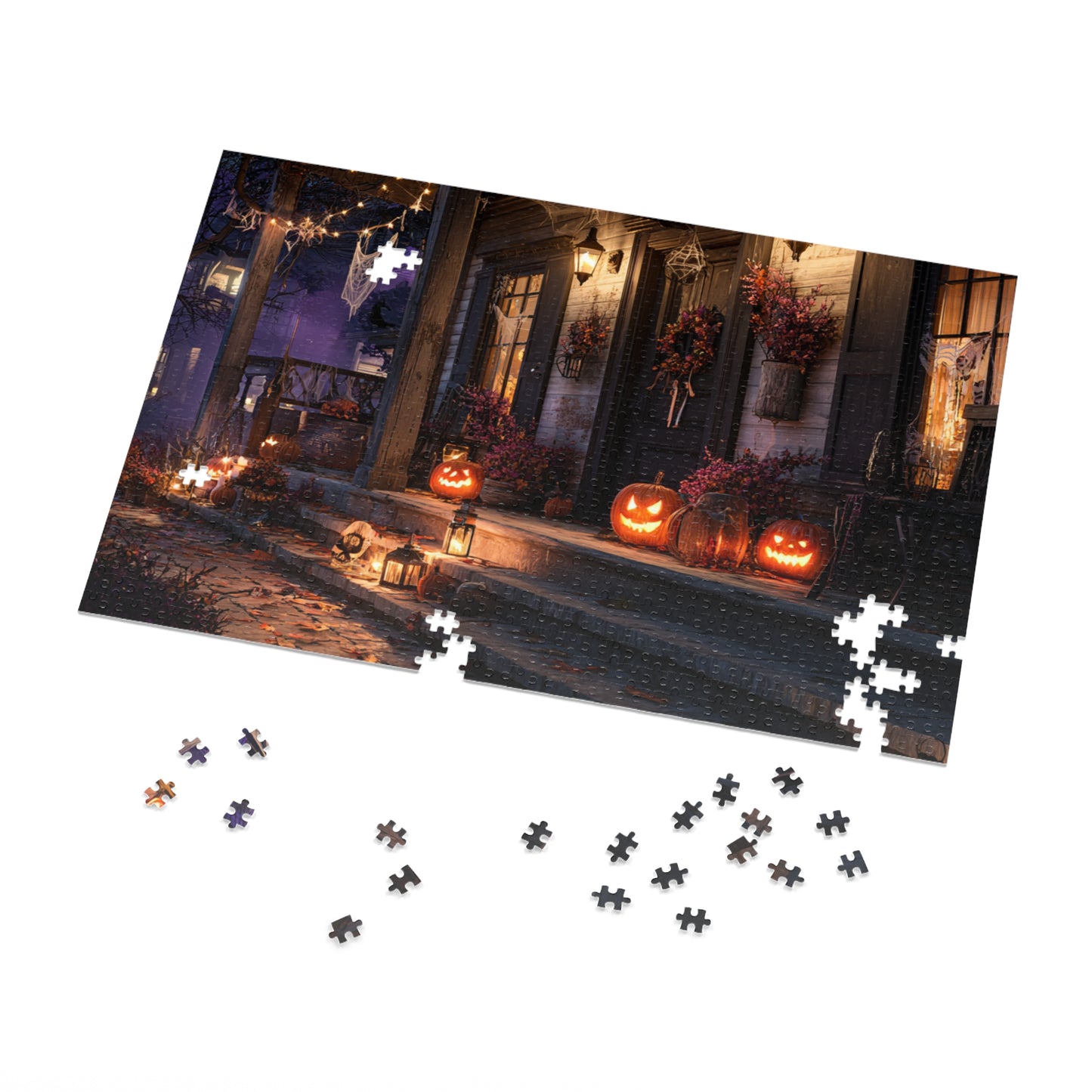 Halloween Porch Jigsaw Puzzle with Tin – Spooky Jack-O’-Lantern Night