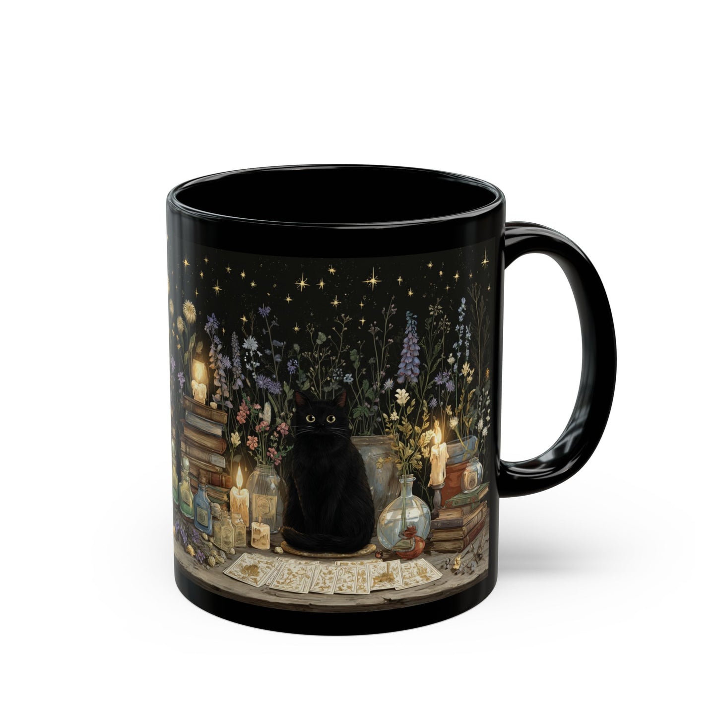Witchy Black Cat Alchemy Mug — Candlelit Potions & Starry Books (11oz/15oz)