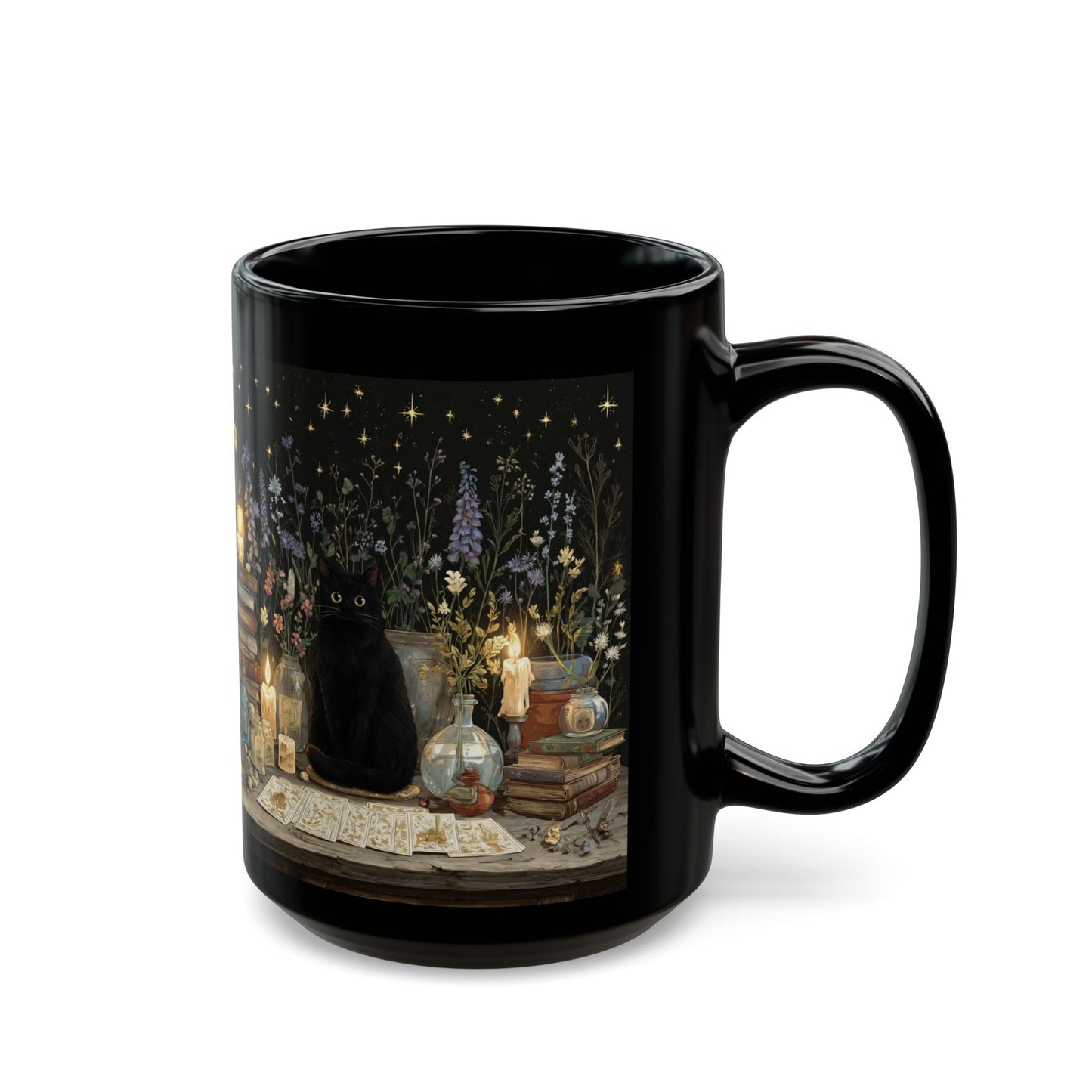 Witchy Black Cat Alchemy Mug — Candlelit Potions & Starry Books (11oz/15oz)