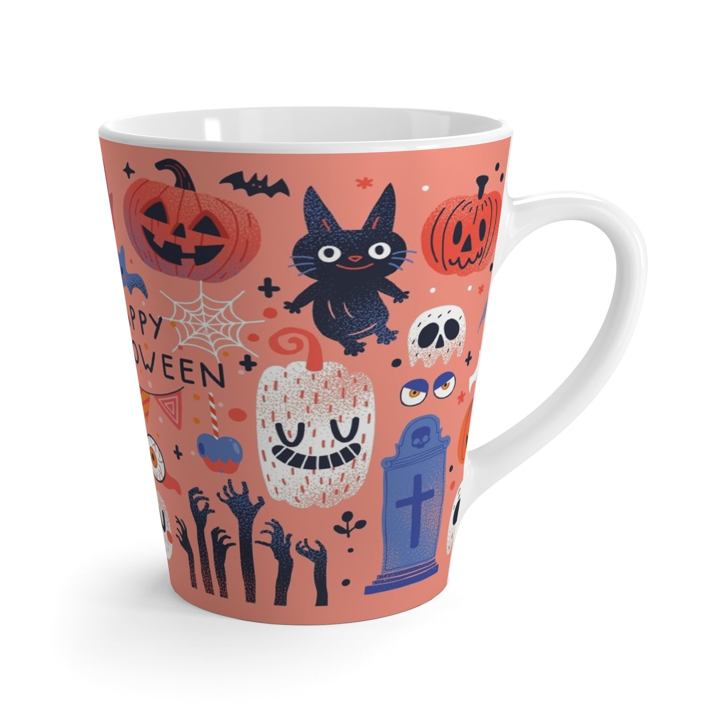 Happy Halloween Latte Mug — Cute Spooky Cats, Ghosts & Pumpkins Coffee Cup