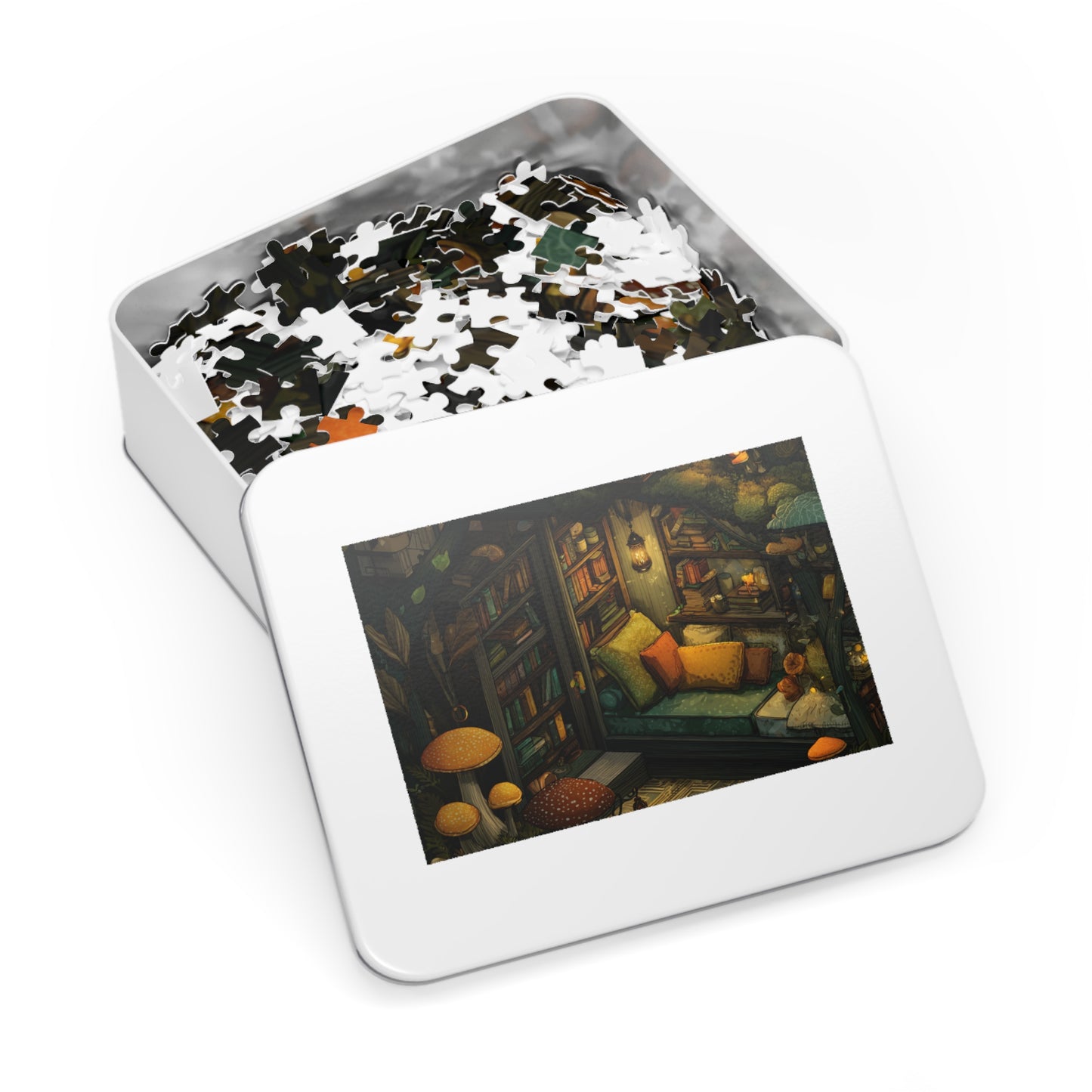 Cozy Mushroom Reading Nook Jigsaw Puzzle with Tin