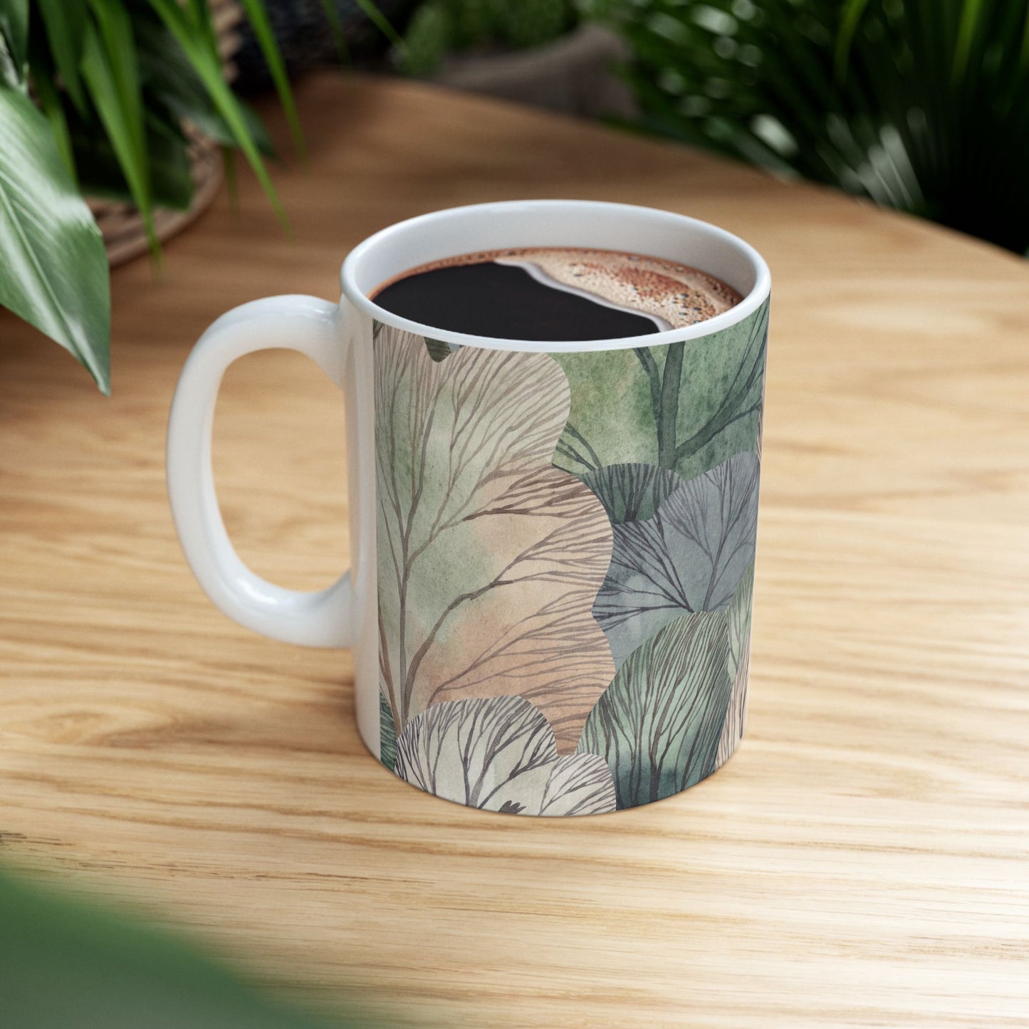 Whimsical Forest Ceramic Mug, Woodland Leaves in Muted Green, Gray and Cream, Cozy Nature Coffee Cup, 11oz & 15oz